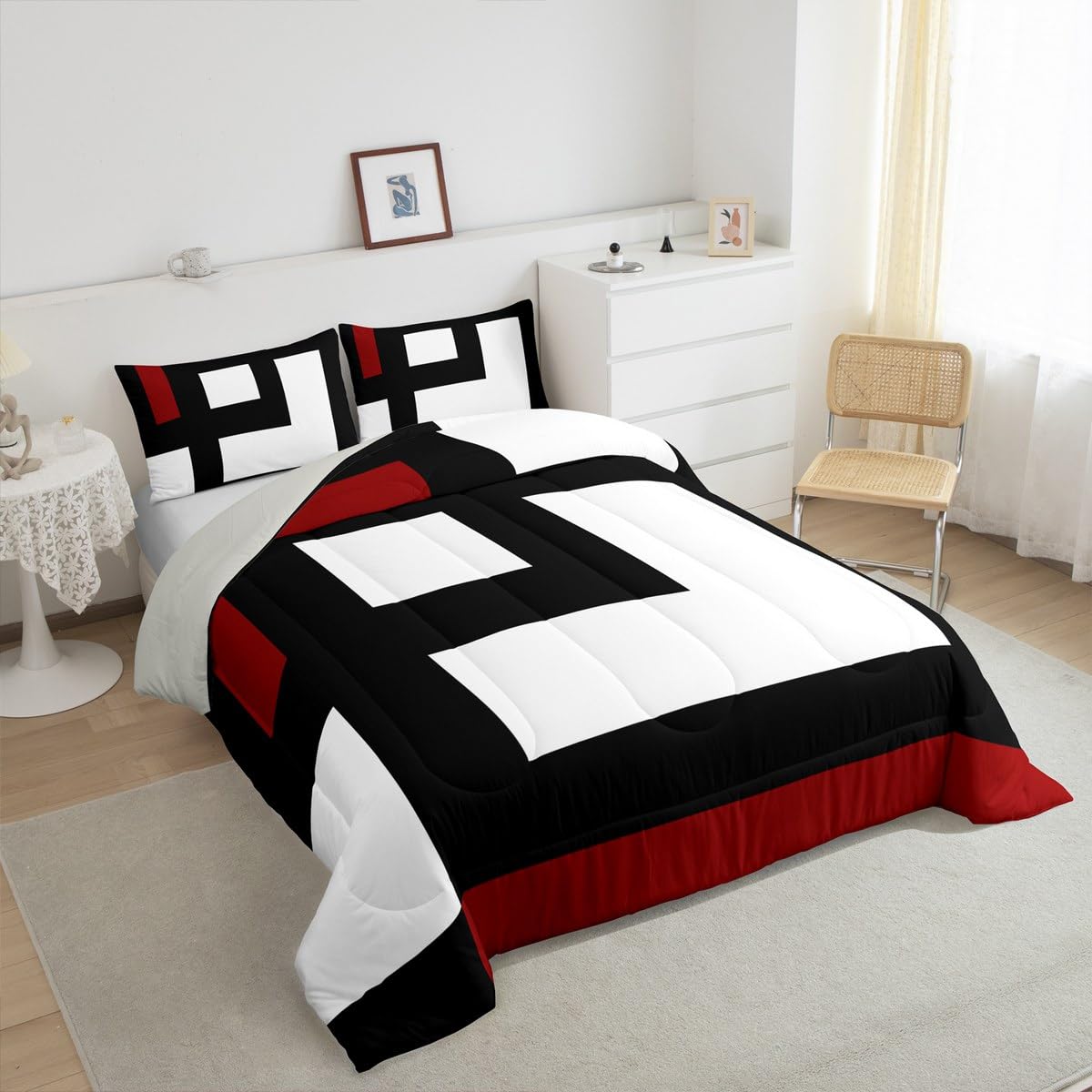 Erosebridal Red Black and White Striped Queen Comforter Set for Adult Women Men Square Abstract Bedding Set Modern Geometric Stripes Bold Lines Bed Set Minimalist Stylish Plaids Quilt Set