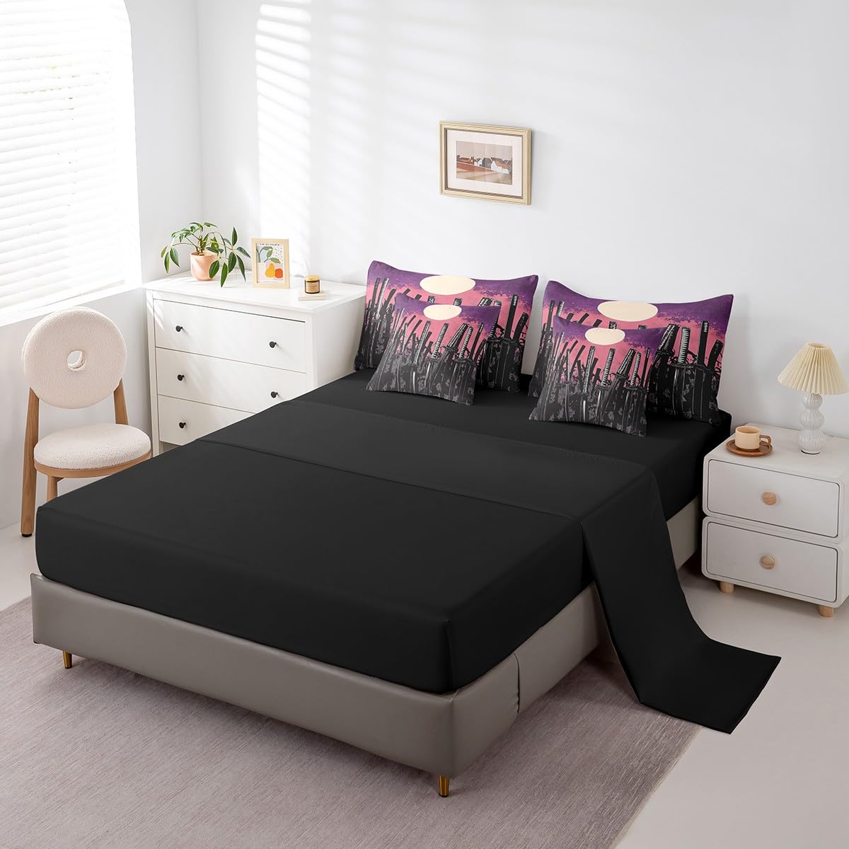 Erosebridal Japanese Comforter Set Twin,Sword Bed in a Bag for Kids Teens Adults,Watercolor Bedding Set 7Pcs,Moonlight Sun Quilt