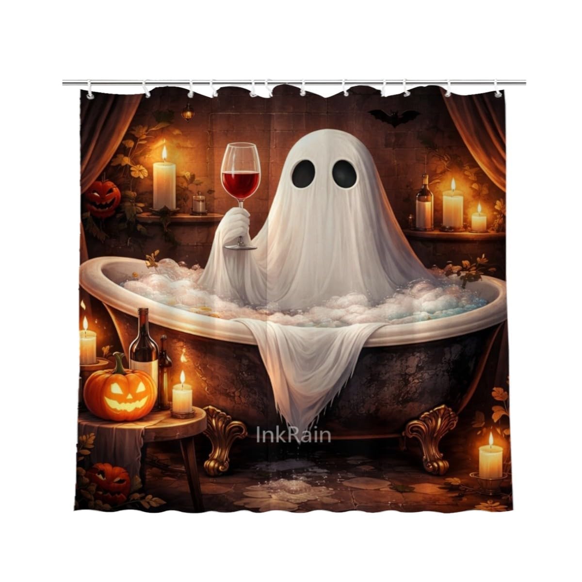 InkRain Halloween Ghost Shower Curtain 70x84 Inch with 12 Hooks, Cute Spooky Bathtub Ghost Bathroom Decor, Waterproof Fabric, Funny Halloween Home Bathroom Decoration