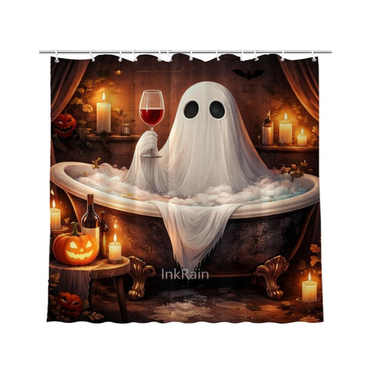 InkRain Halloween Ghost Shower Curtain 70x84 Inch with 12 Hooks, Cute Spooky Bathtub Ghost Bathroom Decor, Waterproof Fabric, Funny Halloween Home Bathroom Decoration