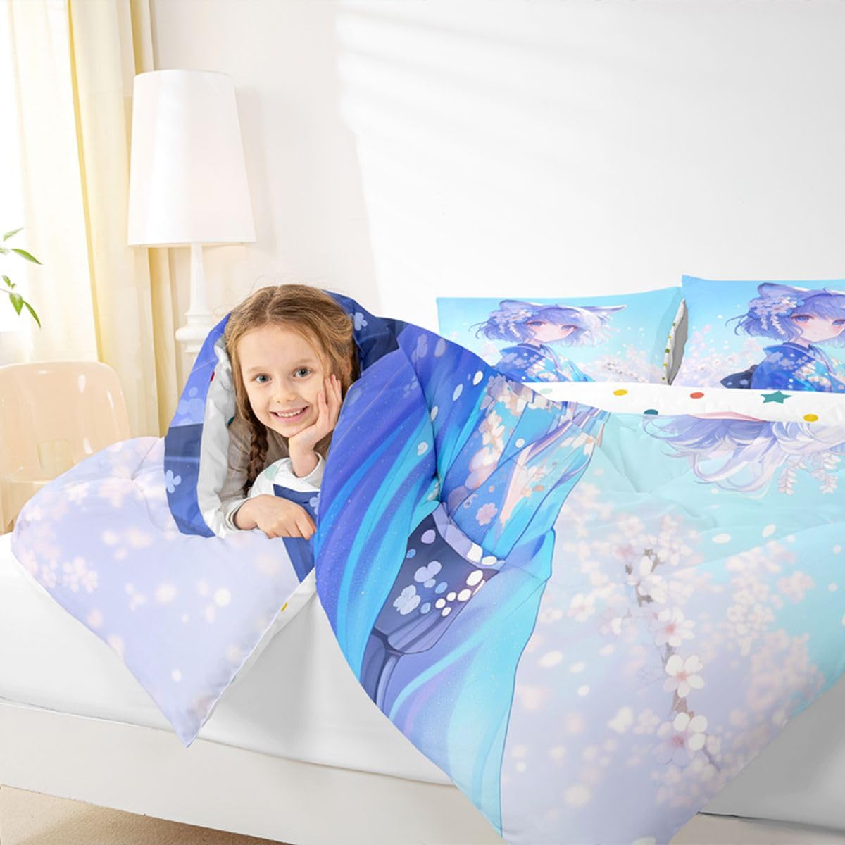 Erosebridal Kawaii Japanese Girl Comforter Set Twin, Anime Gifts Bedding in Kimono Japanese Style Bedding Sets for Room Aesthetic Cool Anime Modern Art Duvet Set for Guys Bedroom Kawaii Room Decor