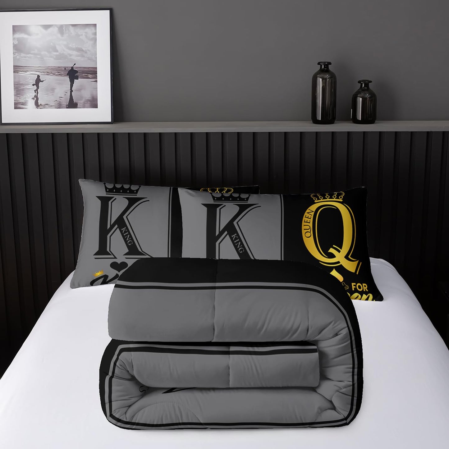 Nttopship King and Queen Crown Comforter Set Black and Gray Couple Bedding Set，3Pcs Mr Mrs Comforter Set for Adults Couple Men Women,His and Hers Quilt Set 2 Pillowcases Bedroom Decor Twin