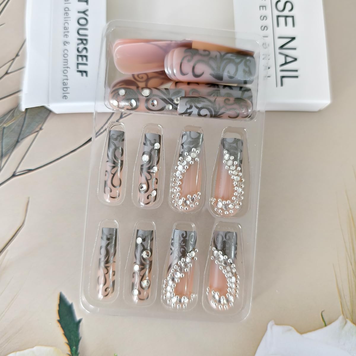 24Pcs Long Press on Nails Luxury Rhinestone Fake Nails French Glue On Nail with Sparkly Rhinestones Gem Silver Lines Designs Shiny Acrylic False Nails for Women Manicure Decoration