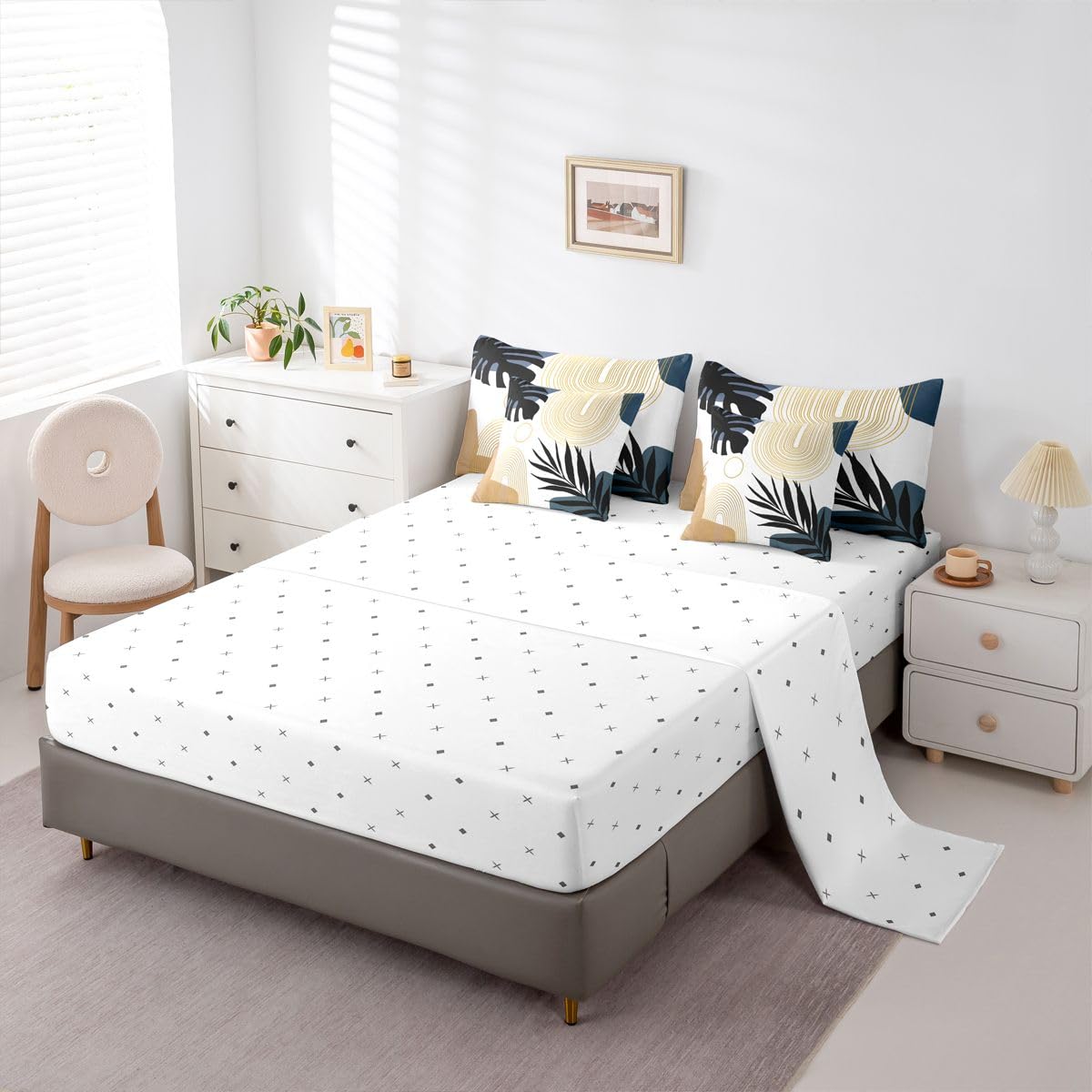 Erosebridal Abstract Tropical Full Comforter Set with Sheets, Chic Boho Plant Palm Leaf 7 Pcs Bedding Set, Bohemian Mid Century Simple Minimalist Bed in A Bag, Modern Geometric Aesthetic Bed Sets