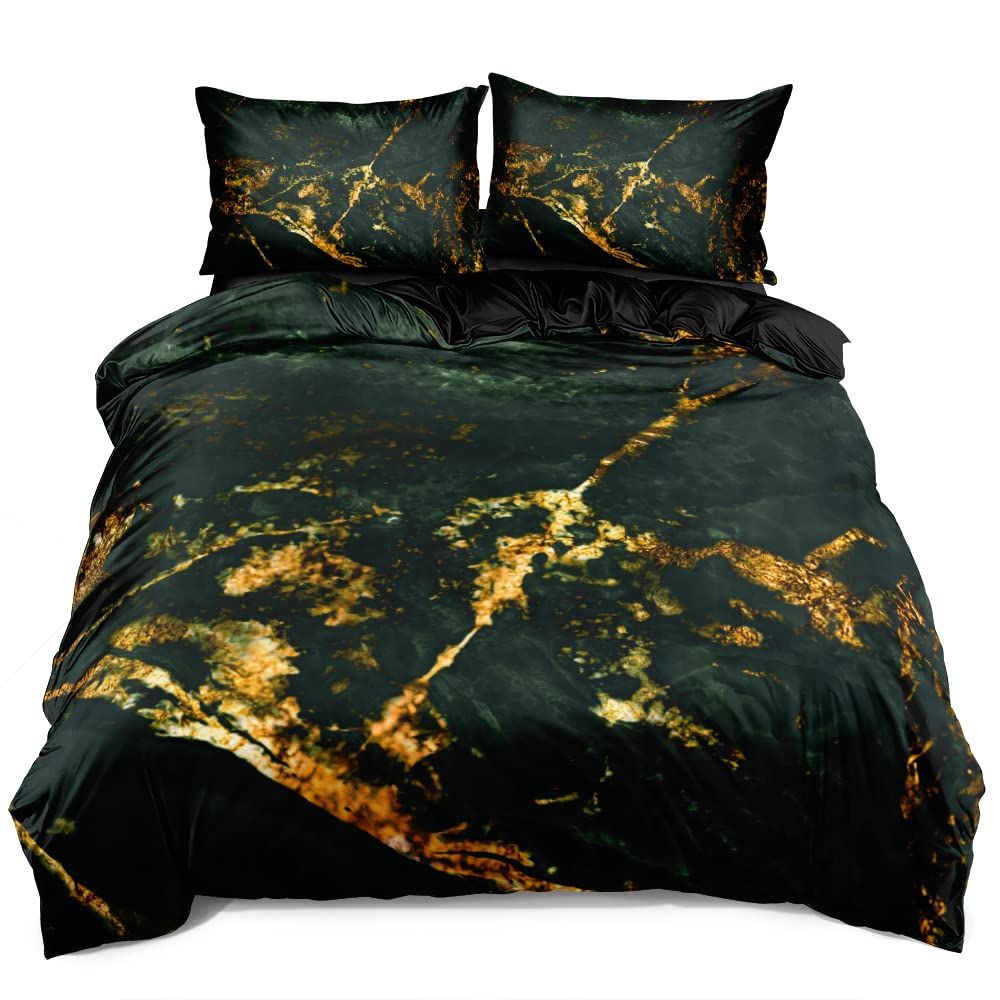 Holiyjog Emerald Green Marble Duvet Cover Set King/Cal King Size Dark Olive Gold Bedding Comforter Covers with 2 Pillow Shams Breathable Durable Soft Comfy