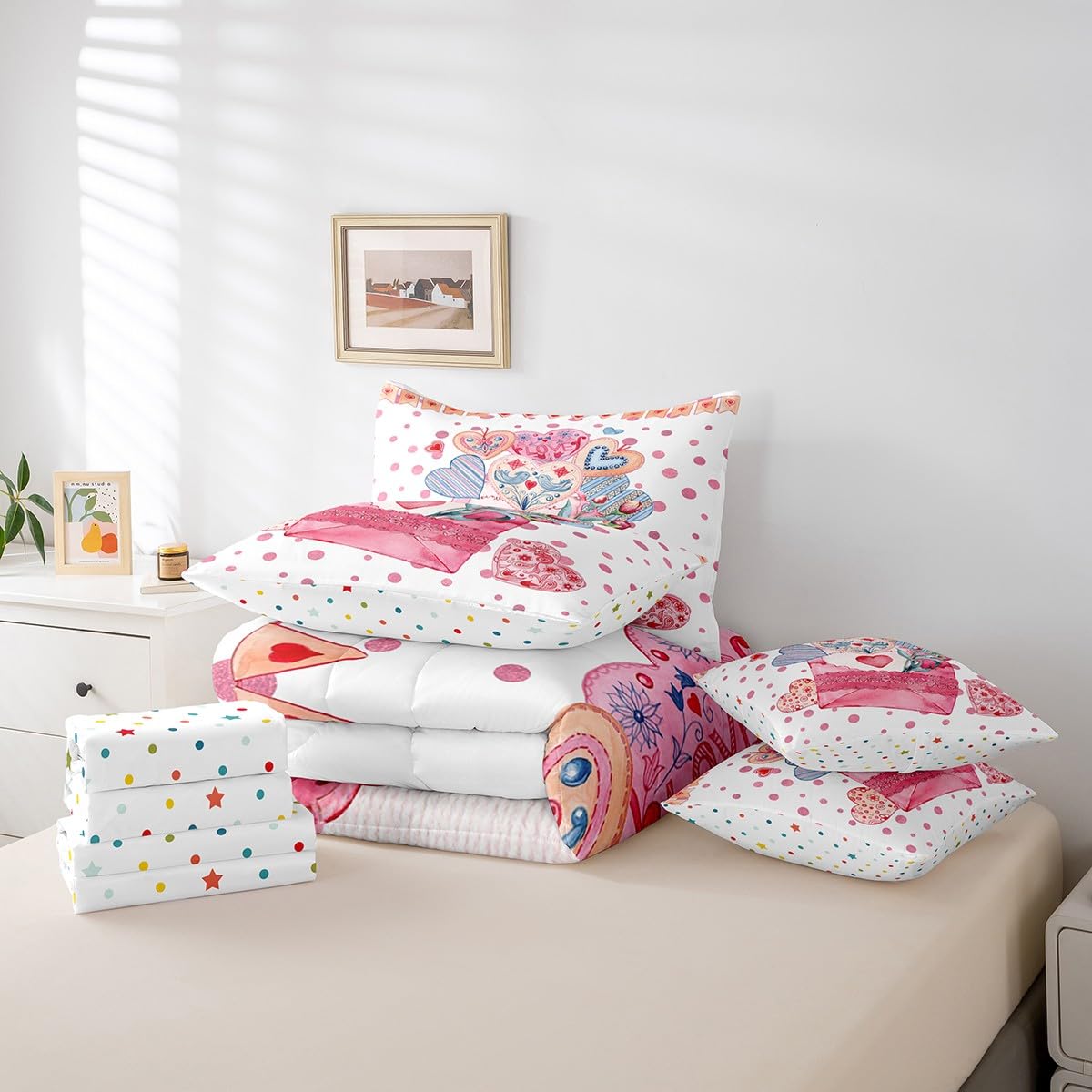 Feelyou Girls Like Cartoon Cute 7 Piece Bedding Set Queen Size Heart-Shaped Design Bed in a Bag for Adult Pink Envelope Comforter Set with Sheets Pink Polka Dot Room Decor Romantic Bed Set