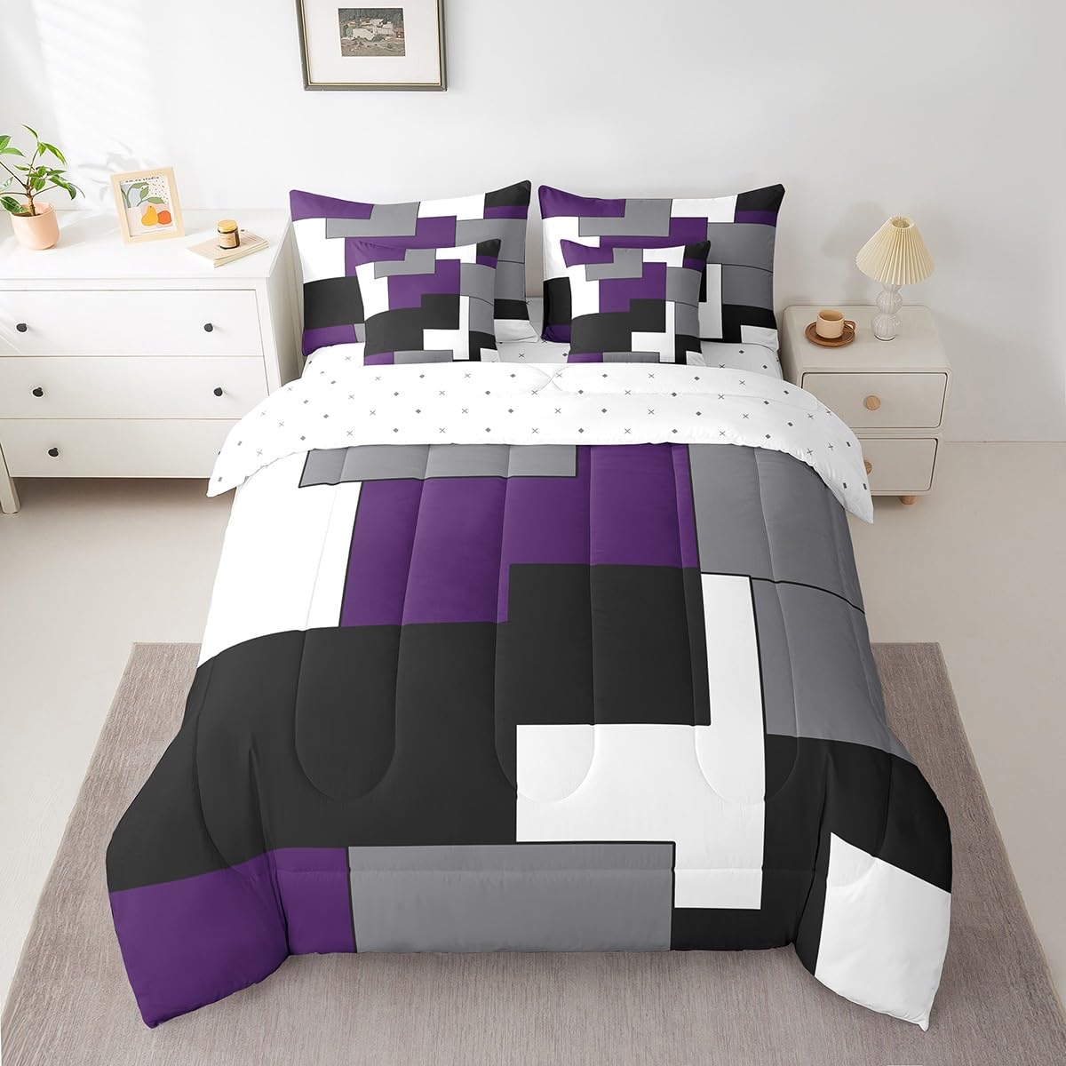 Erosebridal 7 Pcs Geometric Comforter Set Twin Size,Square Bed in a Bag with Flat Fitted Sheet for Kids and Adults,Purple Black White Abstract Art Bedding Set with Pillowcases and Cushion Cases