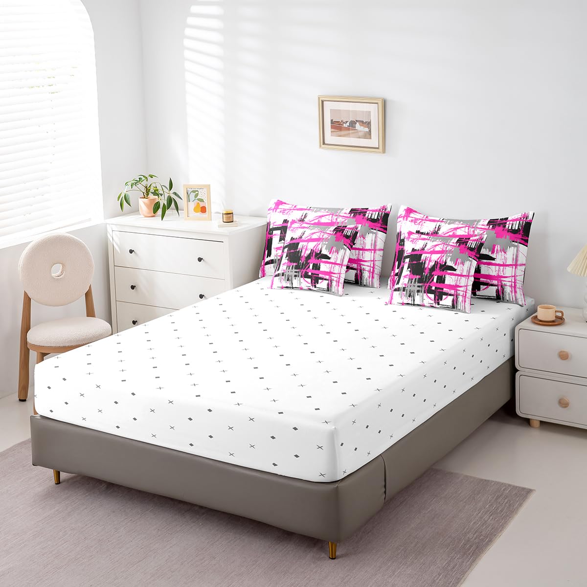 Feelyou Rose Pink Grey Black Comforter Set Queen Size Kids Abstract Art Comforter for Boys Modern Striped Art 7 Pieces Bedding Set Geometric Duvet Set Room Decor Quilt Set