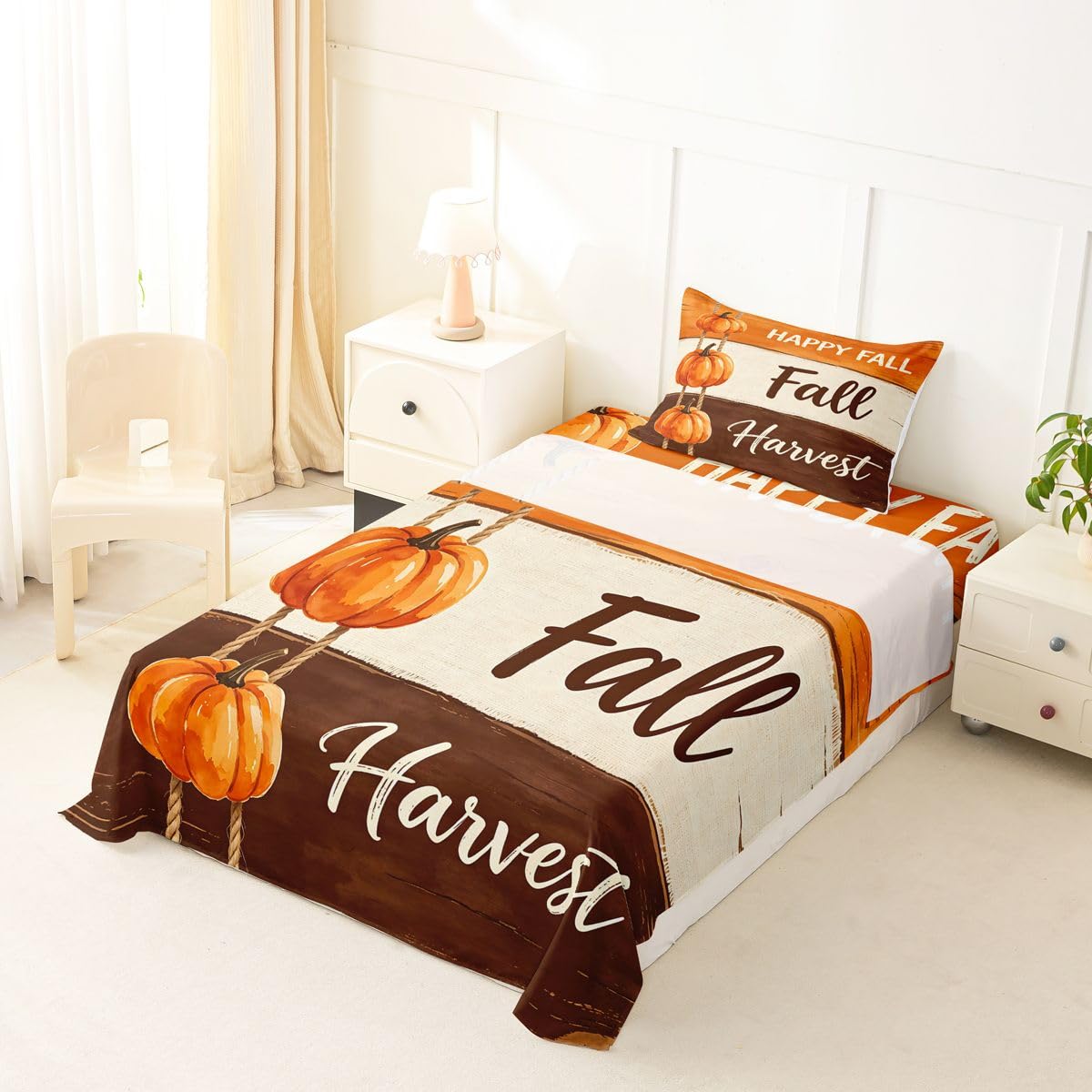 Erosebridal Fall Harvest Bed Sheets Twin Size Rope Hanging Pumpkin Sheet Set Rustic Wooden Art Bedding Set Minimalist Autumn Sheets