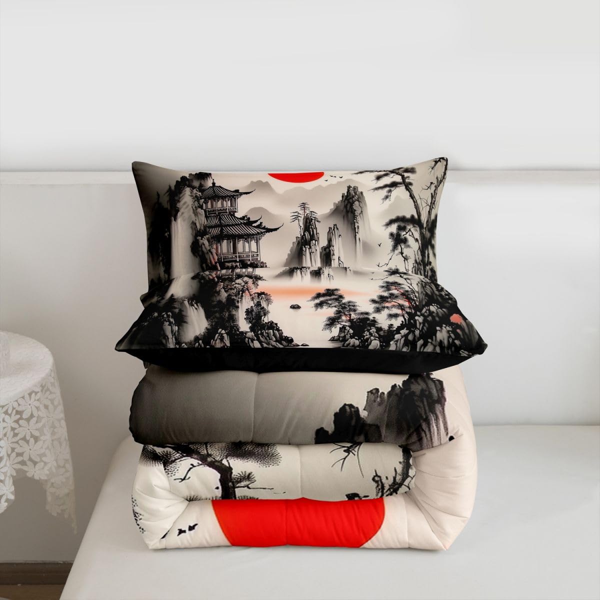 jejeloiu Chinese Ink Painting Bedding Set Soft for Boys Girls, Red Sun Comforter Set Queen Size Mountain Duvet Quilt Microfiber Japanese Style Bedroom Decor 3 Pcs with 2 Pillow Cases