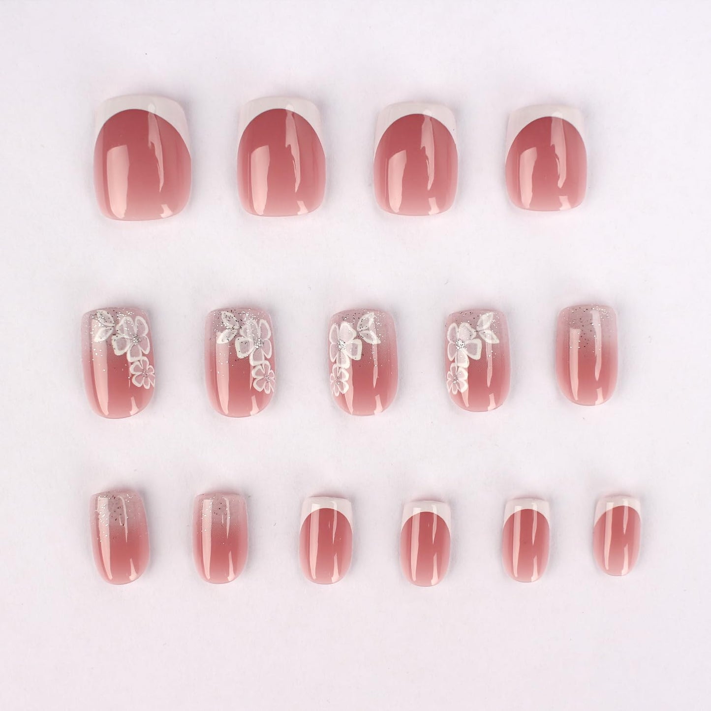 Mivota Short Square Press On Nails White Nude Gradient False Nails with White Silver Flowers Acrylic Press in Nails Gel Stick On Nails Set Glue on Nail for Women & Girls 24Pcs