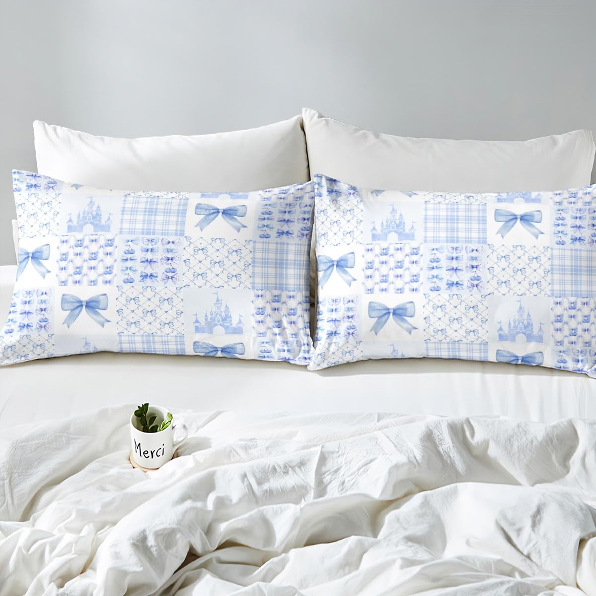Blue Bowknot Fitted Sheet Full Size,Cherry Bow Tie Castle Princess Dreamy Bedding Set,Girls Women Room Decor,Geometric Plaids Patchwork Bed Cover,Beauty Fashion Bed Sheet,2 Pillowcases