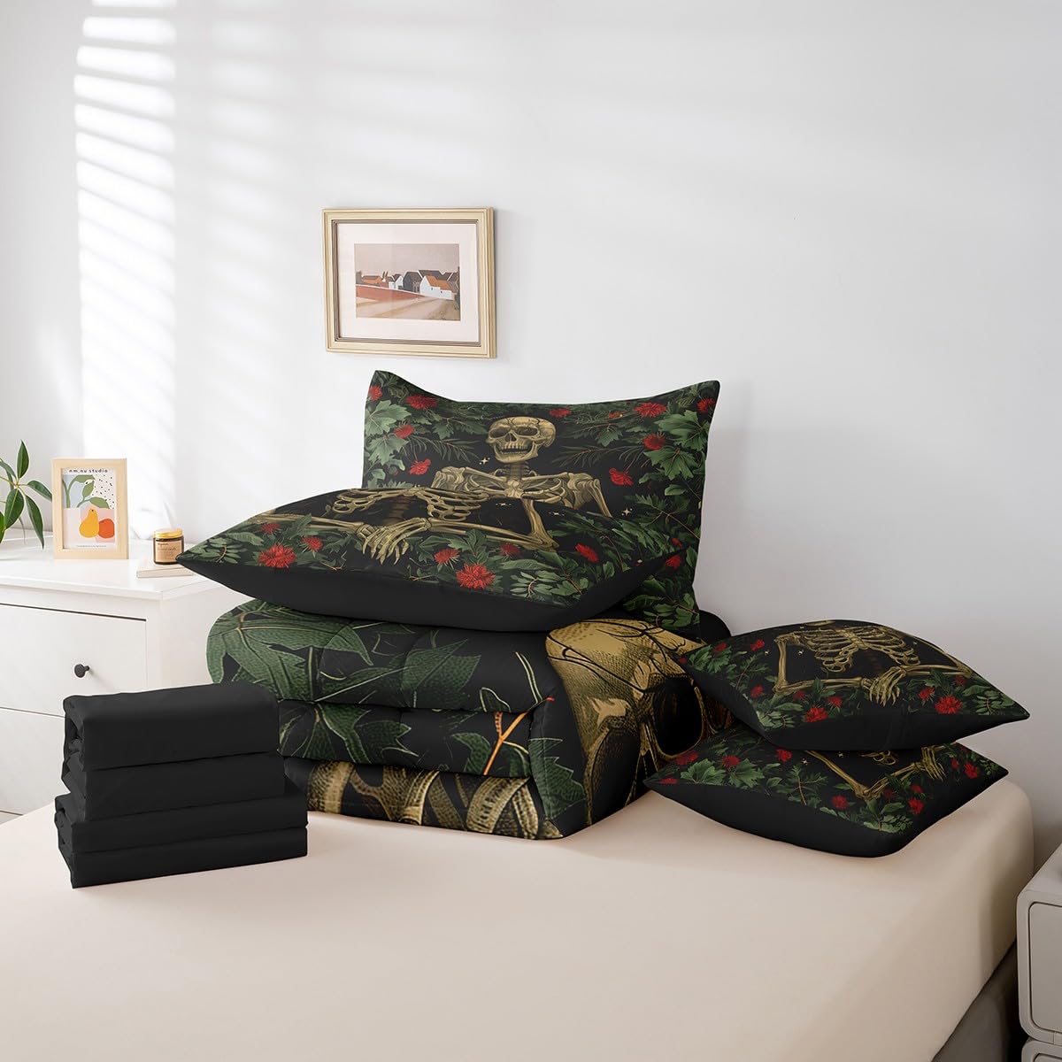 Homewish Gothic Skeleton Reversible Comforter Set 7 Piece King Size,Stars Skull Print Romantic Floral Bed Sheet Set Red Flowers Green Leaves Plant Bedding Set with Comforter,Fitted & Flat Sheet