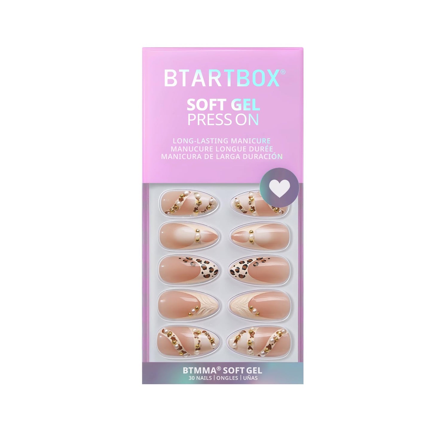 BTArtbox Press On Nails Almond - 3D Pearl Leopard Medium French Tip Press On Nails with Glue for Women, Opaque Soft Gel Glue On Nails in 16 Sizes - 32 Stick On Nails Kit, Cheeky Duo