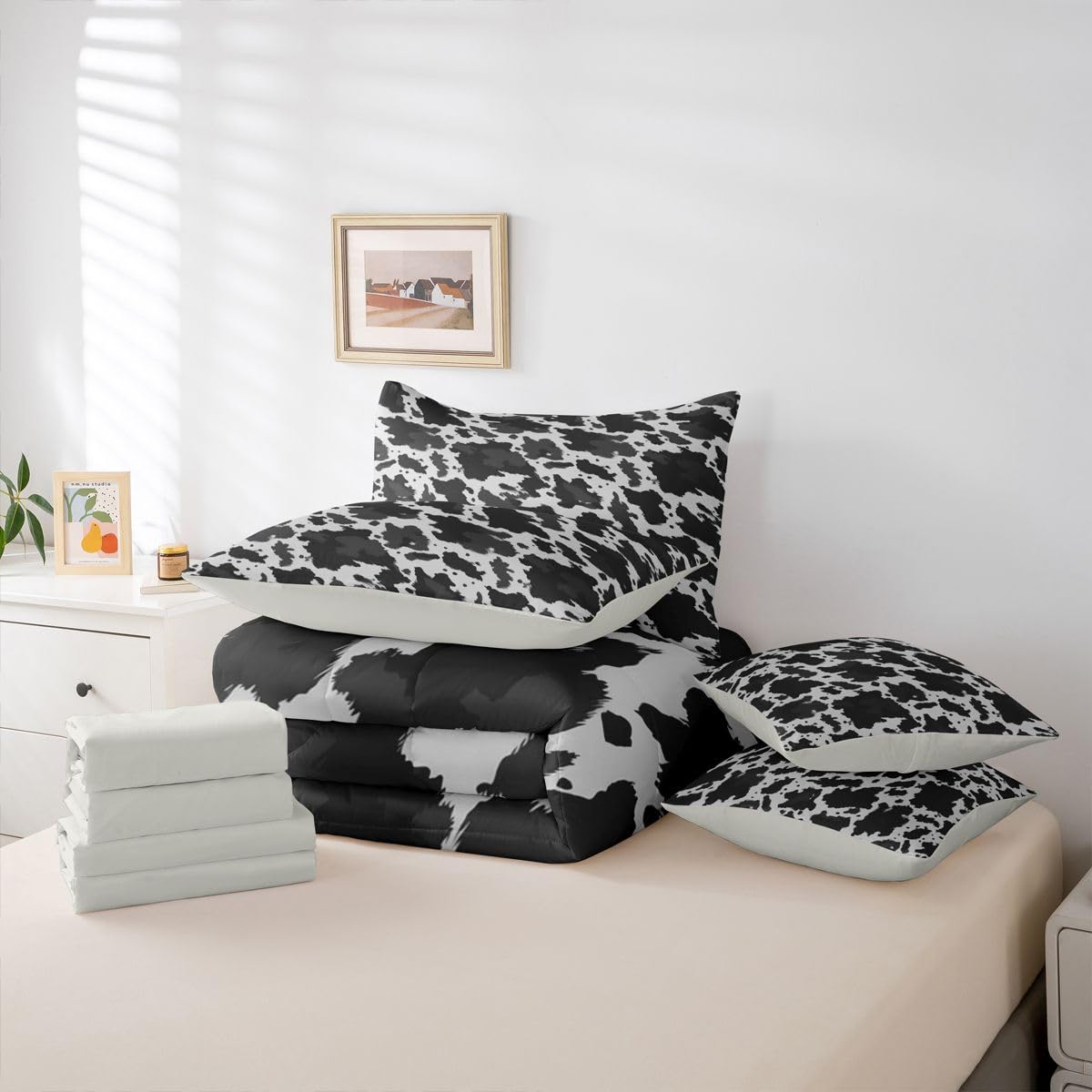 Erosebridal Cowhide Print 7 Piece Bedding Set Full Cow Skin Comforter Set with Sheets Cowboy Farmhouse Watercolors Bed in a Bag Western Animal Fur Pattern for Kids Boys Girls