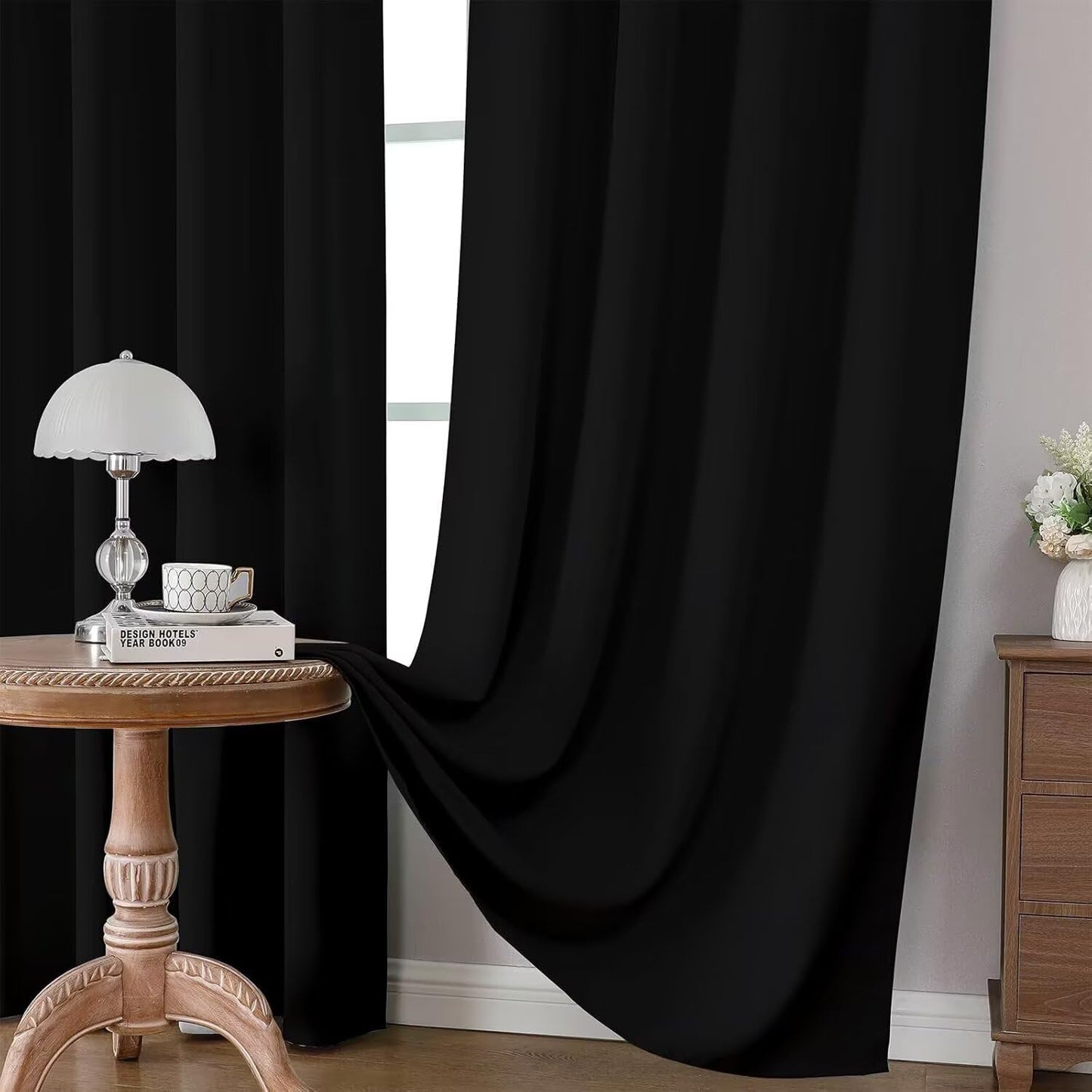 CUCRAF Black Blackout Curtains 84 inch Length 2 Panels Set, Rod Pocket Room Darkening Drapes for Bedroom Living Room, Insulated Thermal Light Blocking Window Curtain (W52 x L84 Inch)