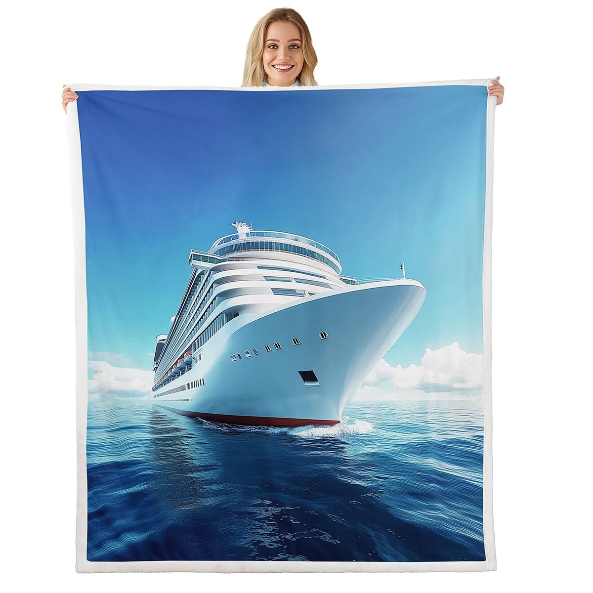 Hawaiian Ocean Sherpa Throw Blanket - Sea Ship Printed Fleece for Sofa Couch - Cruise Ship Fuzzy Plush for Women Summer Holiday Vacation - Room Decor Flannel Throw 50"x60"