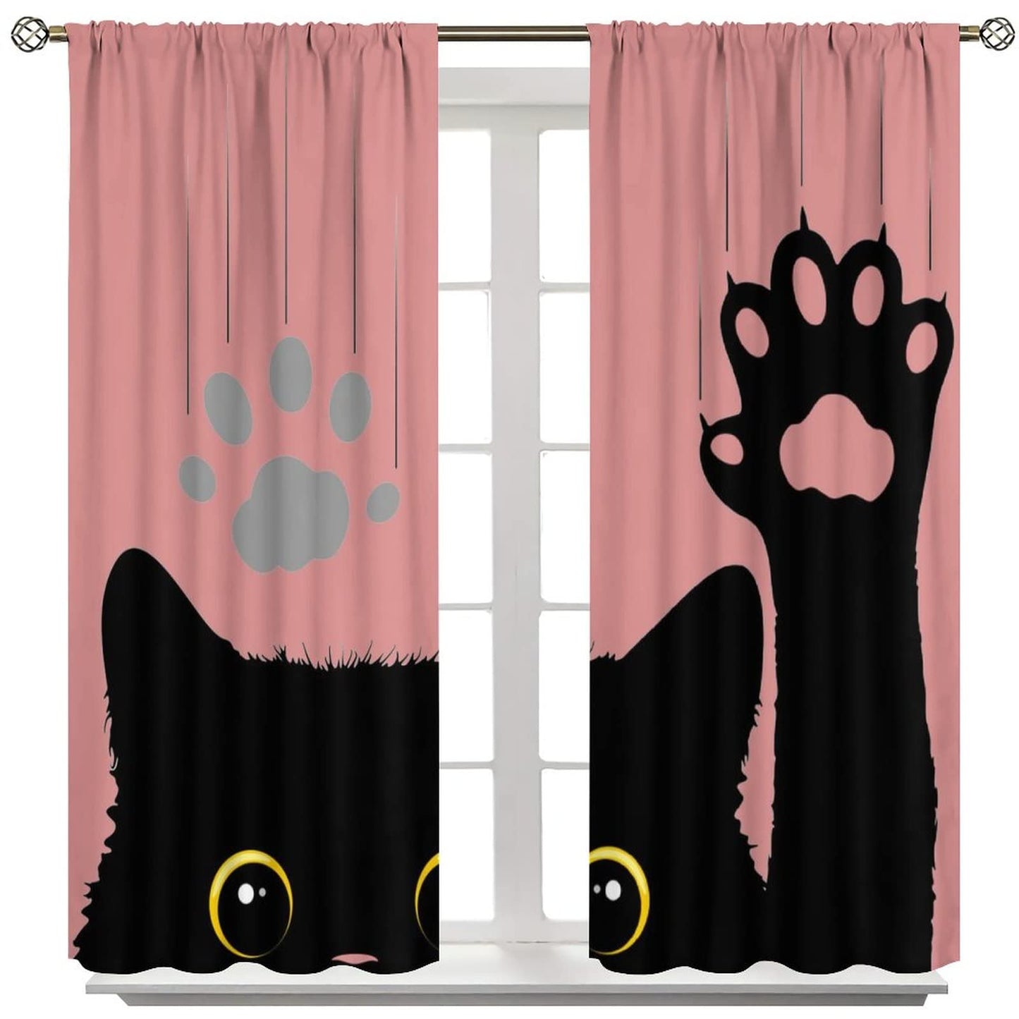 Cute Cat Blackout Curtains Lovely Cartoon Animal Cat Paw Print Black Pink Art Print for Kids Girls Bedroom Living Room Kitchen Decor Rod Pocket Window Drapes 2 Panels 42x45in