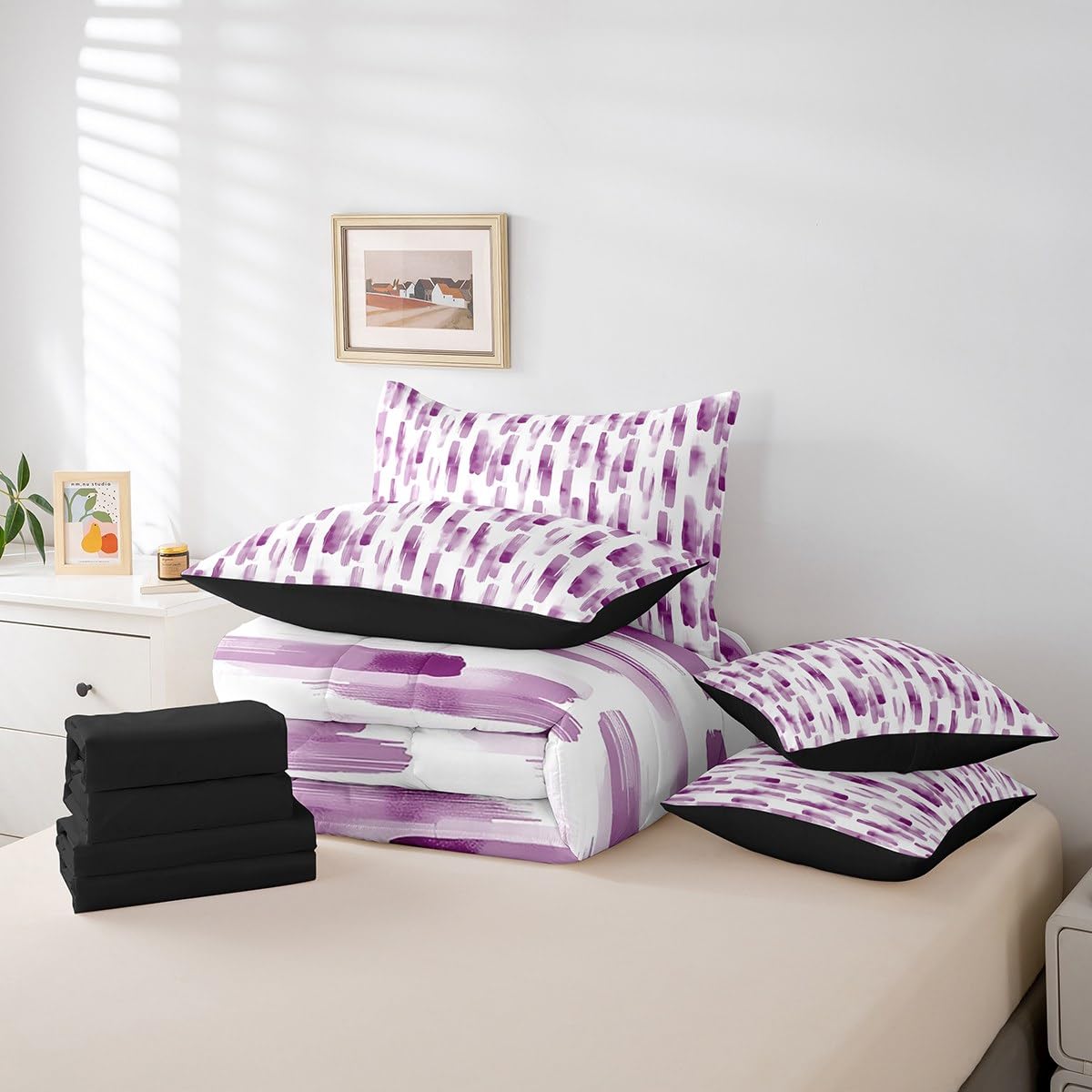Erosebridal 7Pcs Purple Pink Striped Comforter Set King for Women Men,Modern Geometric Abstract Bedding,Gradient Art Aesthetic Bed in A Bag,Contemporary Boho Graffiti Quilt Set with Pillowcases