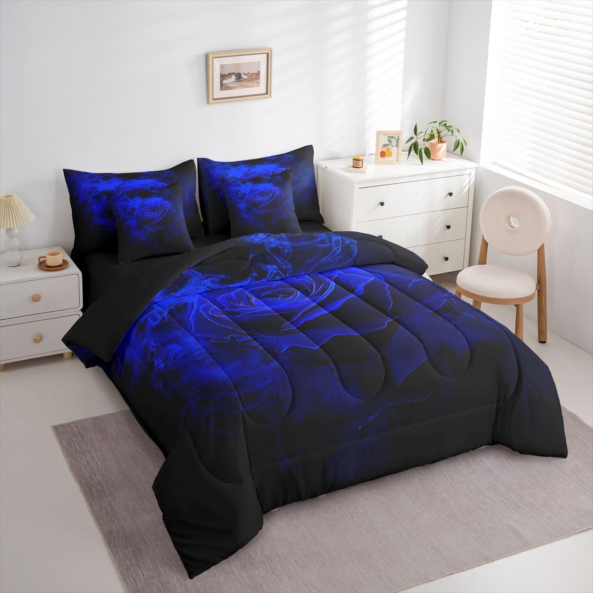 Erosebridal Rose Floral 7 Piece Comforter Set Full Ombre Black Blue Bedding Set for Girls Women Romantic Valentine Sheets 3D Print Flowers Quilt Comforter Blossom Petals Sheet Set Bedroom Decor