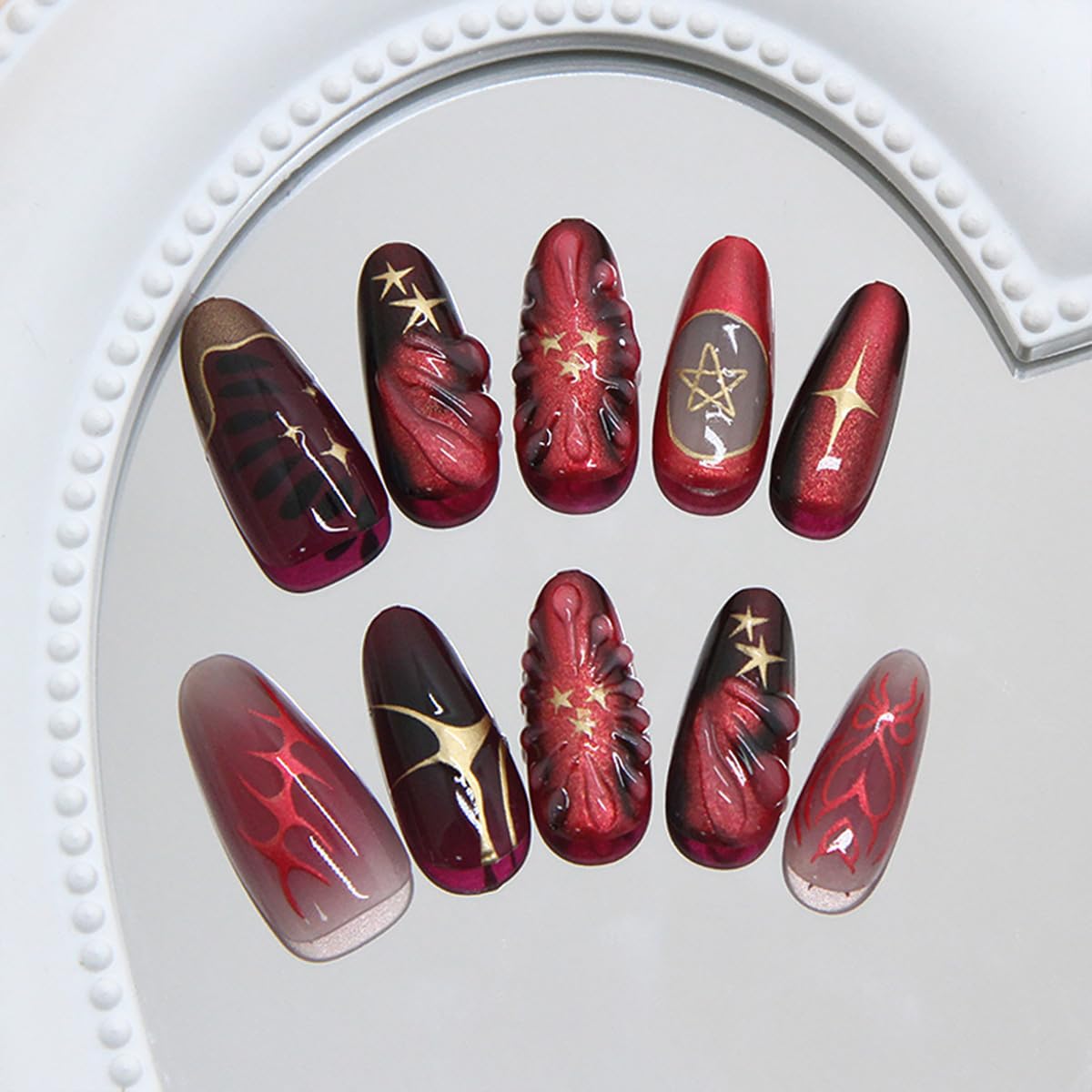 24Pcs Red Press on Nails Medium Almond French Tip Fake Nails with 3D Star Bow Gilding Design Gothic False Nails Full Cover Artificial Glue on Nails Goth Handmade Stick on Nails for Women DIY Manicure