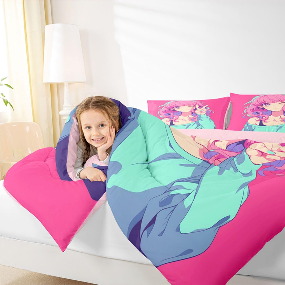 Erosebridal Japanese Anime Bedding 3D Anime Girl Comforter Set 2Pcs, Kawaii Japanese Style Bedding Comforter Sets Cartoon Uniform Girl Duvet Insert for Girls Hot Pink Room Decor, Twin