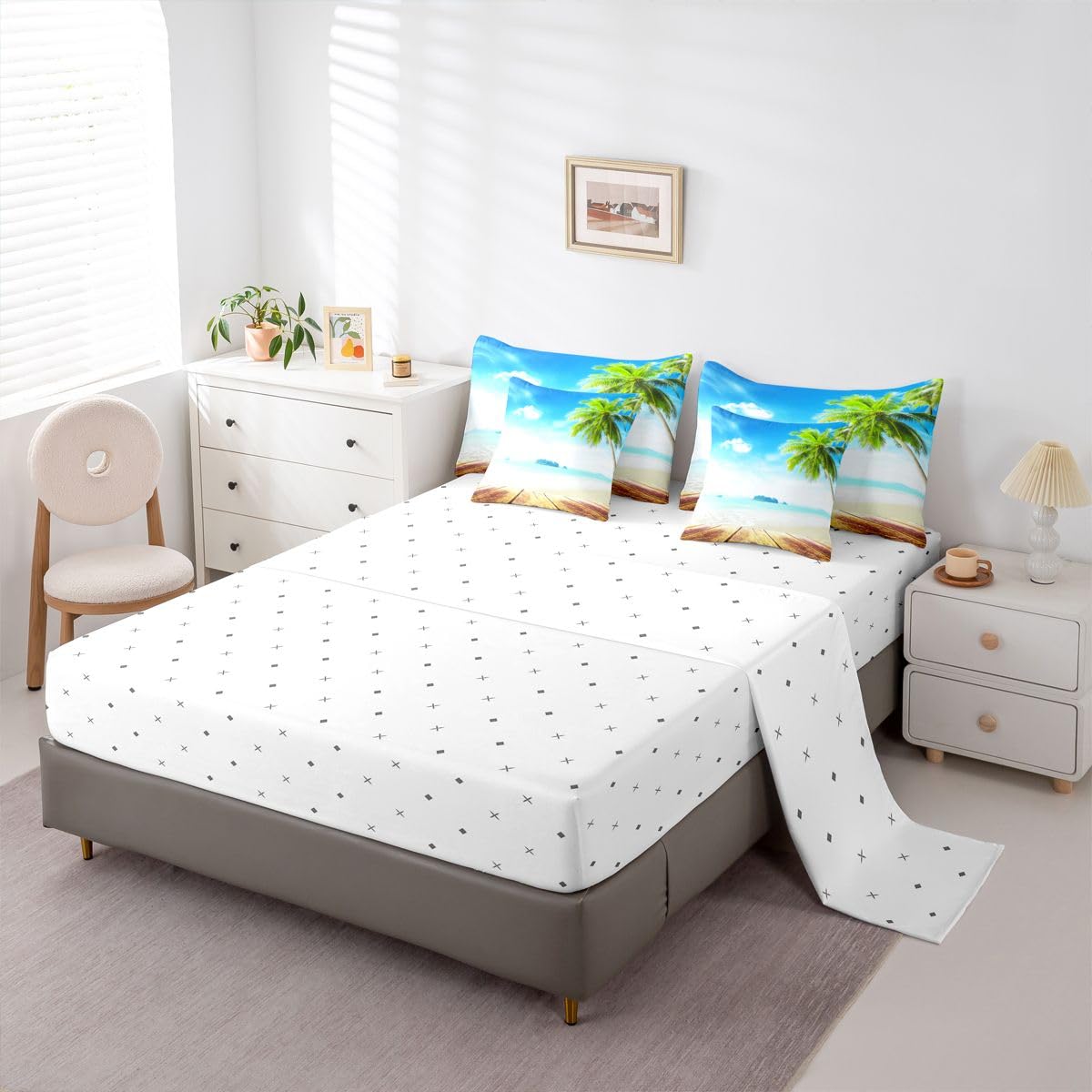 Erosebridal Beach Comforter Set King Size 7 Pieces, Ocean Bed in A Bag, Tropical Palm Tree Hawaiin Bedding Set with Comforters, Sheets, Pillowcases Coastal Nature Theme Bedroom Decor