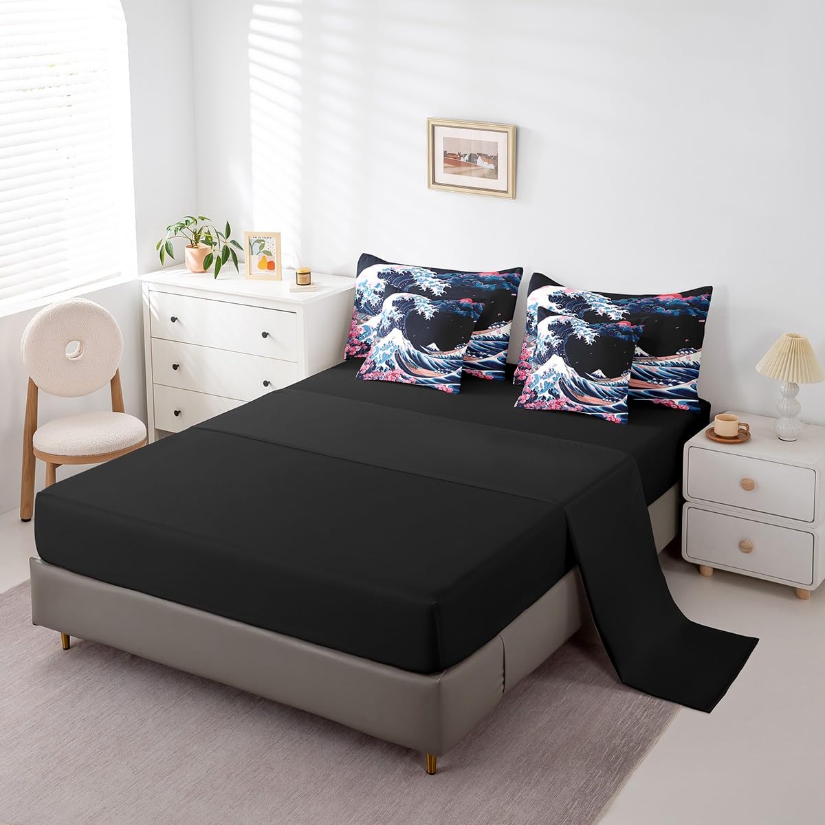 Erosebridal Blue Ocean Waves Queen Bedding Set 7 Piece,Japanese Style Comforter Set for Kids Adults,Pink Cherry Blossom Bed in a Bag Ukiyoe Aesthetic Bed Set with Fitted+Flat Sheet,Pillowcases