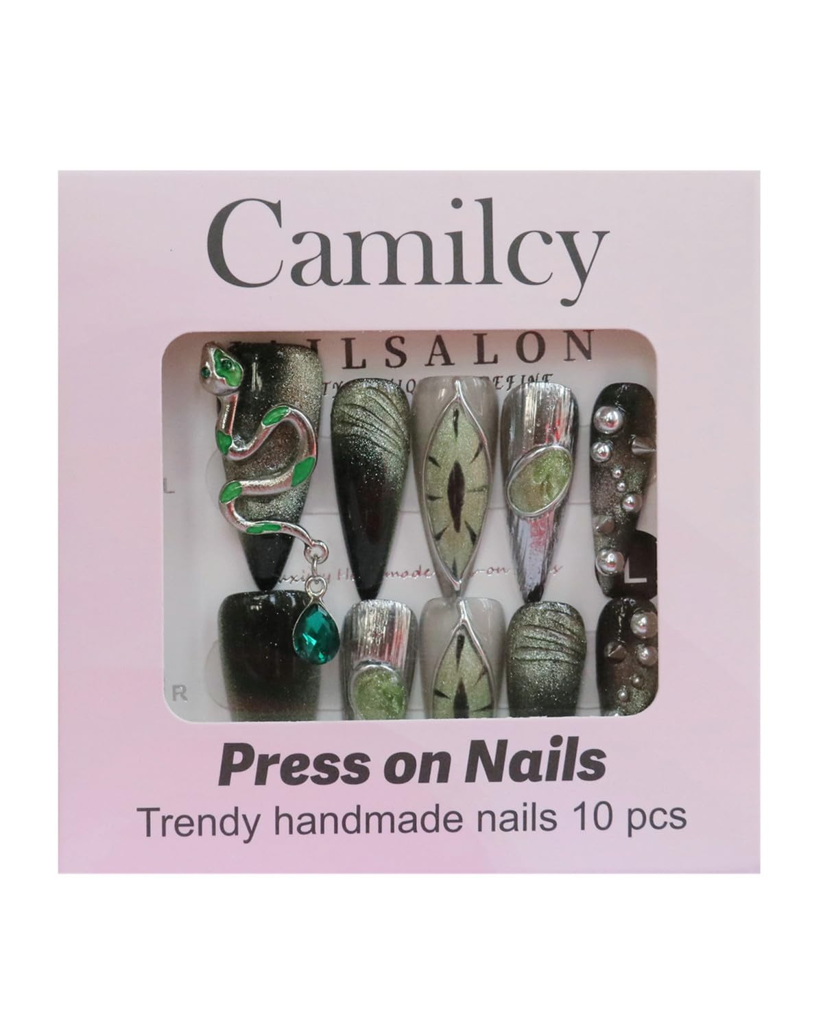 CAMILCY Luxury Handmade Press on Nails Long Stiletto Green Snake Chrome Gothic Fake Nails Glossy Black Green Gradient Crystal Charm Reusable Acrylic Nails for Women 10pcs (A038, M)