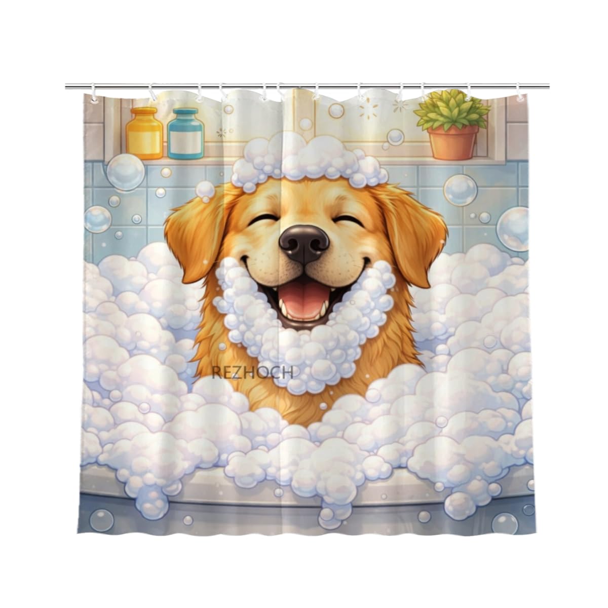 REZHOCH Funny Dog Shower Curtain 72x72Inch,Cute Golden Retriever Bubble Bathroom Decor,Lovely Animal Bathtub Waterproof Fabric Modern Art Humor Farmhouse Home Bath Set with 12 Hooks