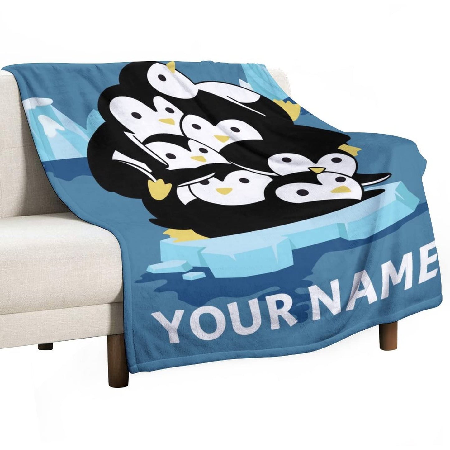 Personalized Penguin Blanket Gifts with Name - 60"x80" Cute Throw Blanket for Adults, Kids - Blue Soft Plush Blankets for Bed, Couch & Living Room