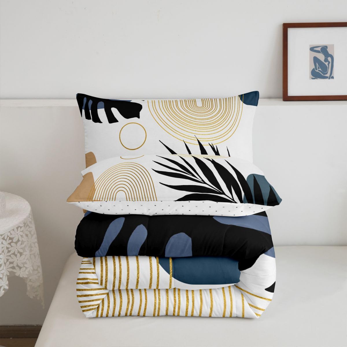 Erosebridal Abstract Tropical Twin Bedding Set, Chic Boho Plant Palm Leaf Comforter Set for Adults, Bohemian Mid Century Simple Minimalist Comforter, Modern Geometric Lines Aesthetic Quilt