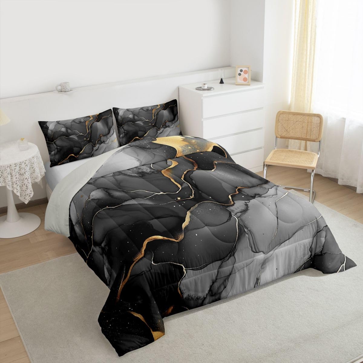 Erosebridal Marble Comforter Set King Black Grey Marble Print Bedding Set Gold Liquid Quicksand Design Comforter for Kids Boys Girls,Modern Abstract Art Quilt Duvet
