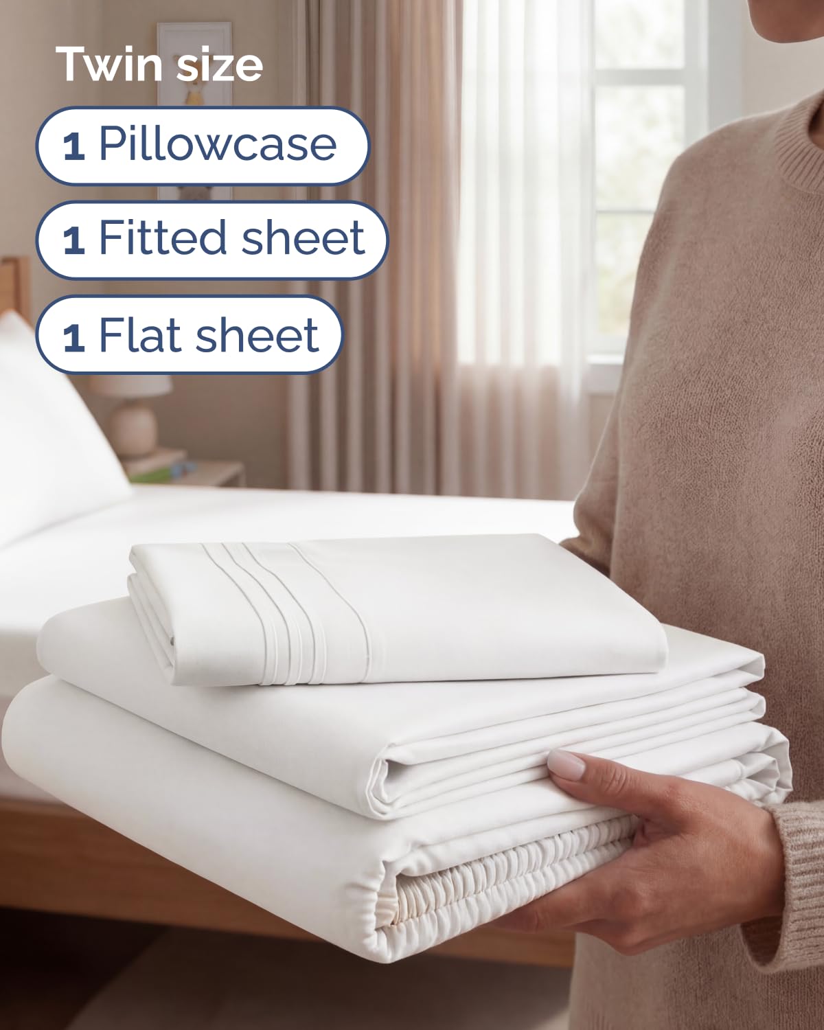 Twin Size 3 Piece Sheet Set - Comfy Breathable & Cooling Sheets - Hotel Luxury Bed Sheets for Women & Men - Deep Pocket, Easy-Fit, Extra Soft & Wrinkle Free Sheets - Antique White Oeko-Tex Bed Sheets