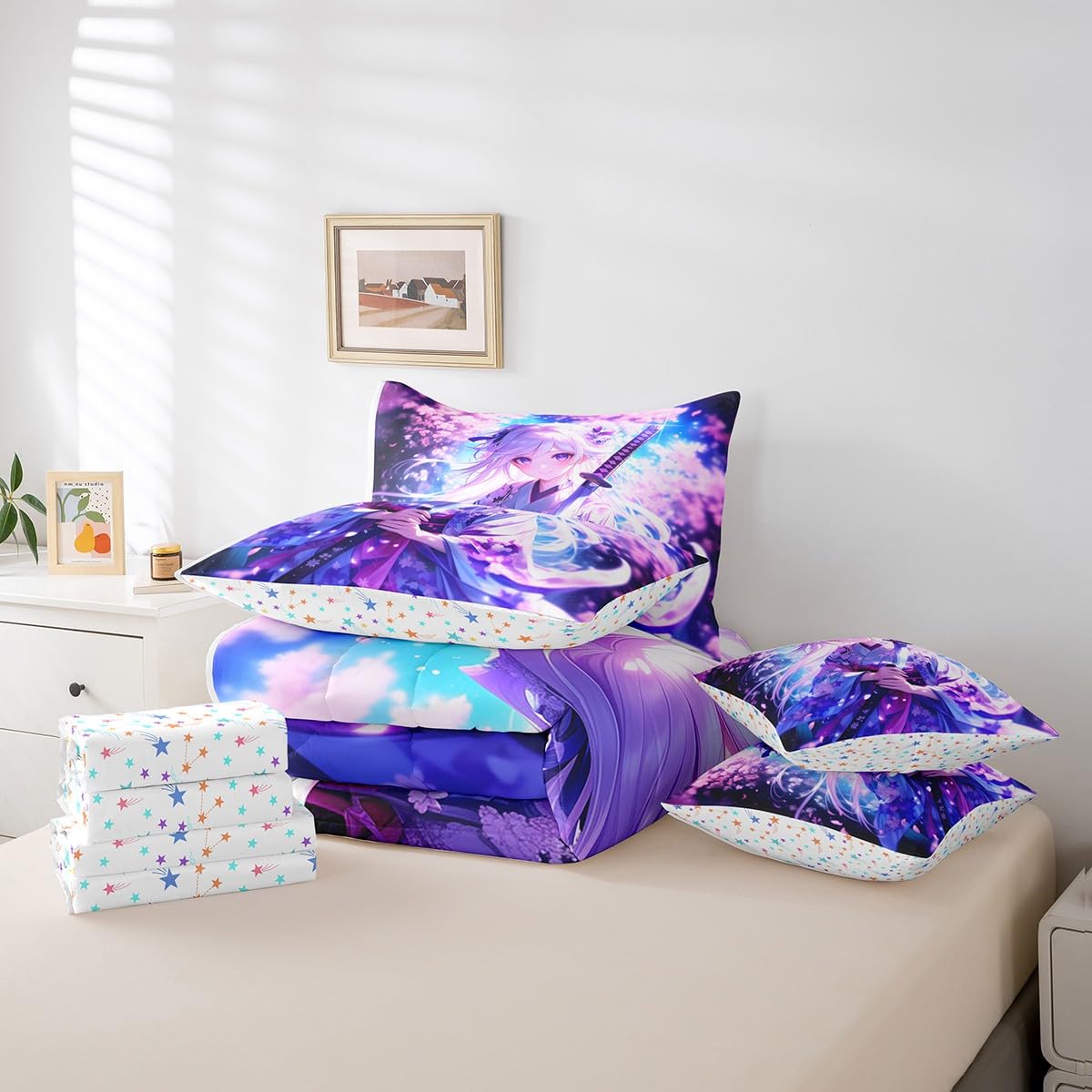 Erosebridal 7 Piece Anime Girl Full Comforter Sets for Kids, Kawaii Japanese Anime Bedding Set Cartoon Girl Bed in A Bag Sci Fi Style Japanese Animation Sheet Set for Kids Girls Teens Bedroom