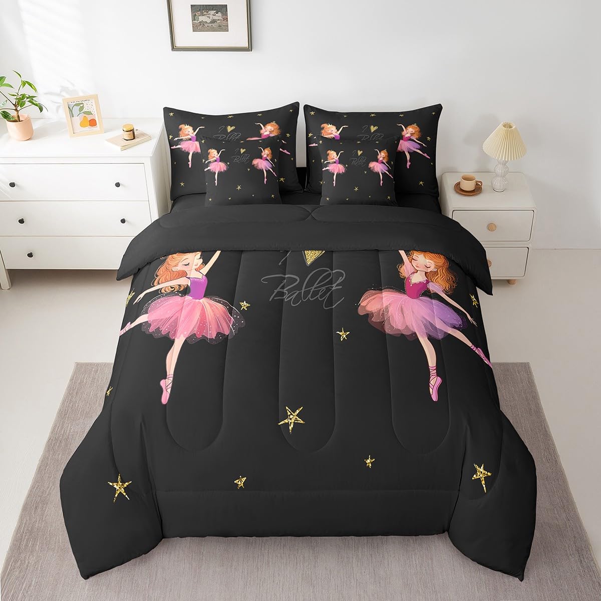 Erosebridal Ballet Comforter Set 7 Piece Bed in a Bag Twin,Cute Cartoon Ballet Dancer Bedding Sets Kawaii Ballerina Gifts Comforter and Sheet Set,Gold Stars Pink Ballet Dress Tutu Bed Set