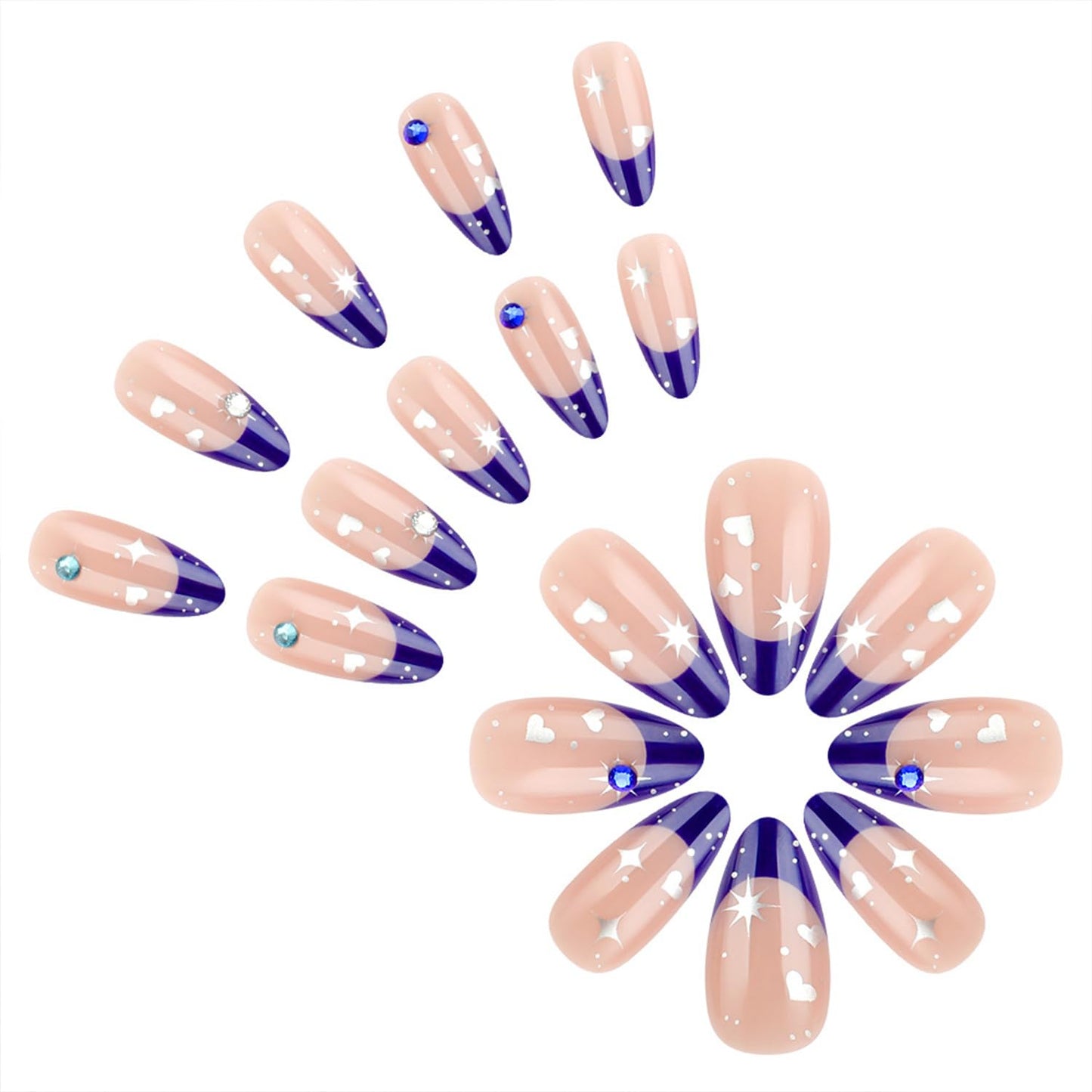 Medium Almond Press on Nails Blue French Tip Fake Nails with Star Rhinestone Designs Glossy Full Cover Stick on False Nail Set for Women 24 Pcs