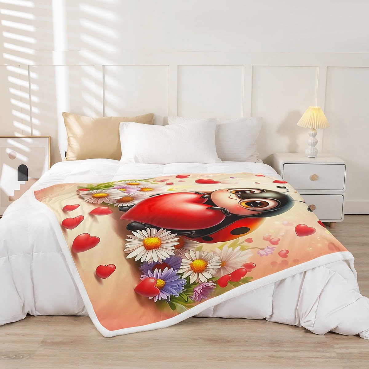 Erosebridal Throw 50"X60" Ladybug Fleece Blankets Cute Cartoon Ladybird Sherpa Blankets for Kids Boys Girls,Red Romantic Love Heart Throw Bed Blanket Spring Daisy Rustic Wild Flowers Fuzzy Blanket