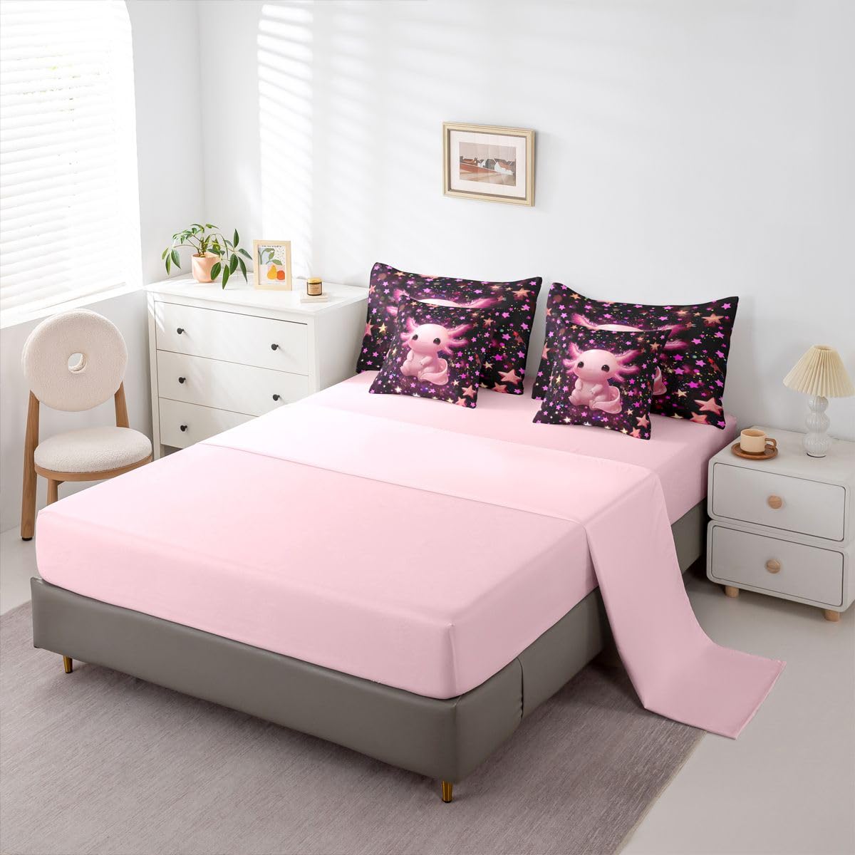 Erosebridal Kids Pink Axolotl Twin Size Bedding Set Girls Pink and Black Starry Sky 7 Pieces Comforter Set with Sheets Teens Cute Axolotl Bed in a Bag Girly Stars Reptile Animal Bed Sets