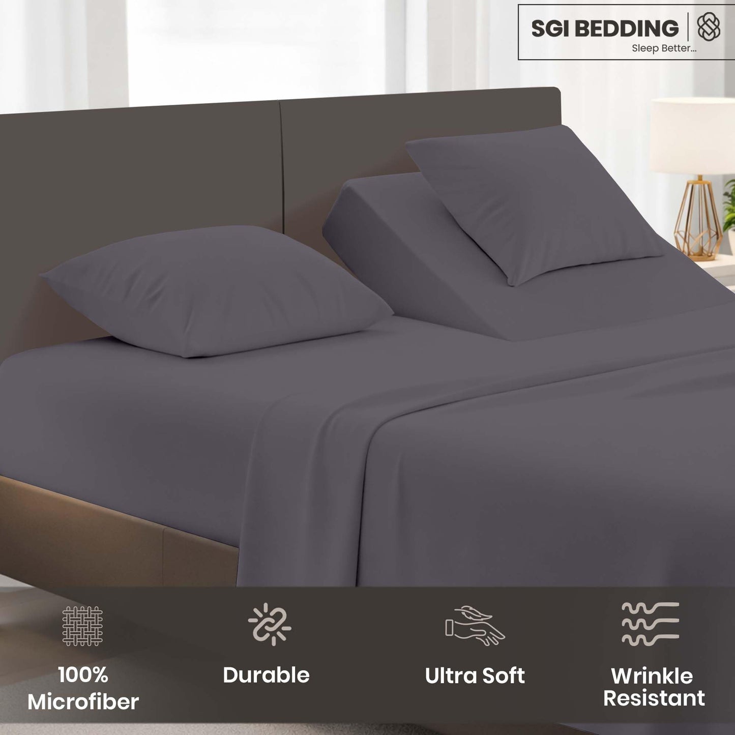 SGI bedding Adjustable Split Head Flex Top King 32" Microfiber Sheet Set – Ultra Soft, Cooling & Deep Pocket 15” Fitted, 4-Piece Breathable & Durable Bedding Set for Split King Beds -Dark Gray