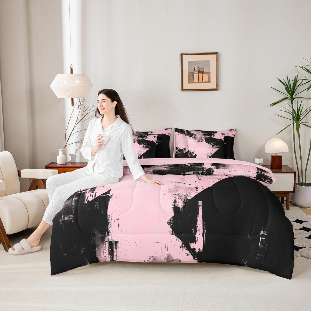 Feelyou Abstract Comforter Set King Size 7 Pieces Modern Abstract Art Bedding Set Luxury Bed in a Bag with Comforter, Sheets, Pillowcases, Cushion Covers Geometric Bedroom Decor Pink and Black