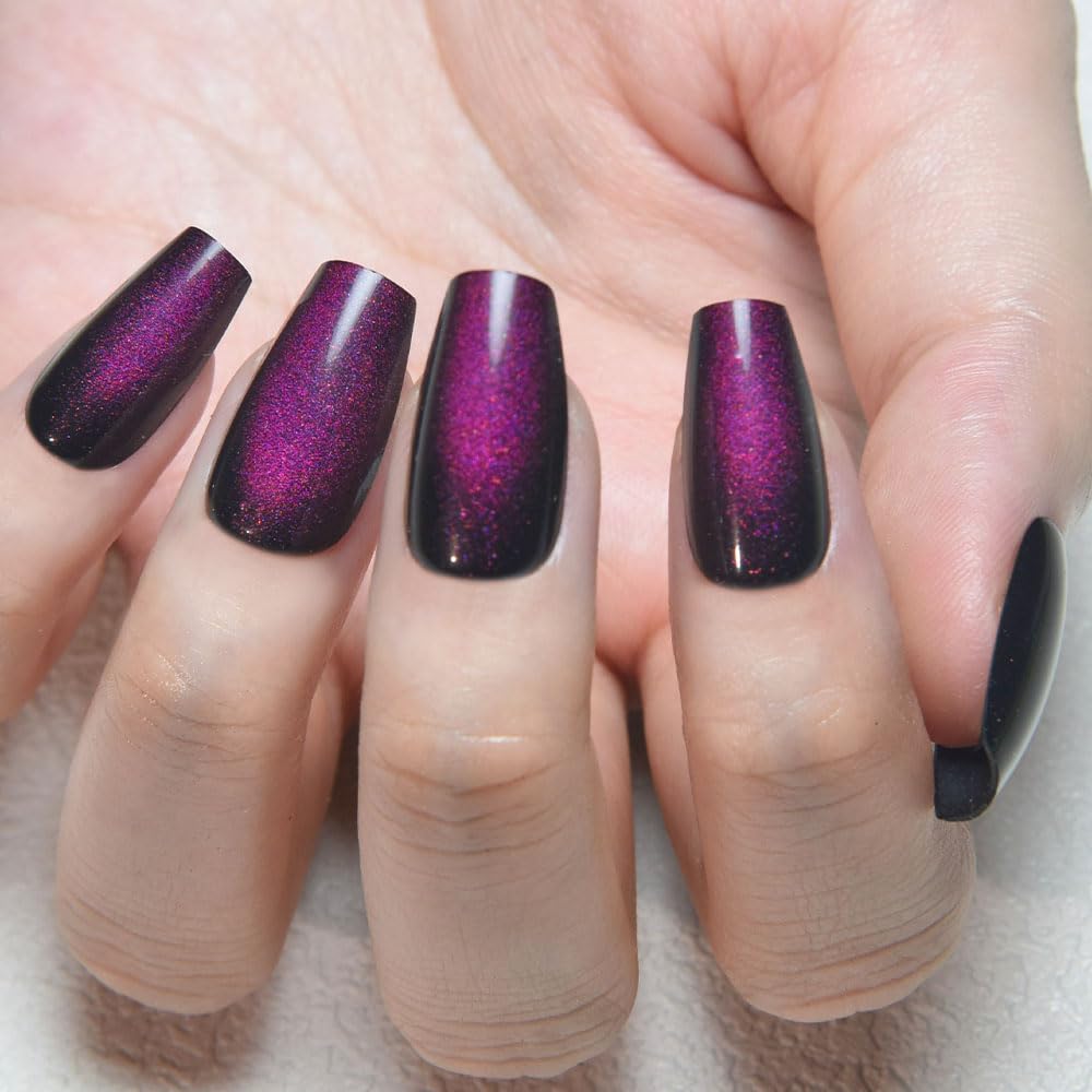 evpct Dark Purple Cat Eye Coffin Press on Nails Medium Square No Glue, Medium Square Stick on Nail for Women, Dark Purple Metallic Glitter Glossy Reusable Soft Press on Acrylic Fake Nail with Design