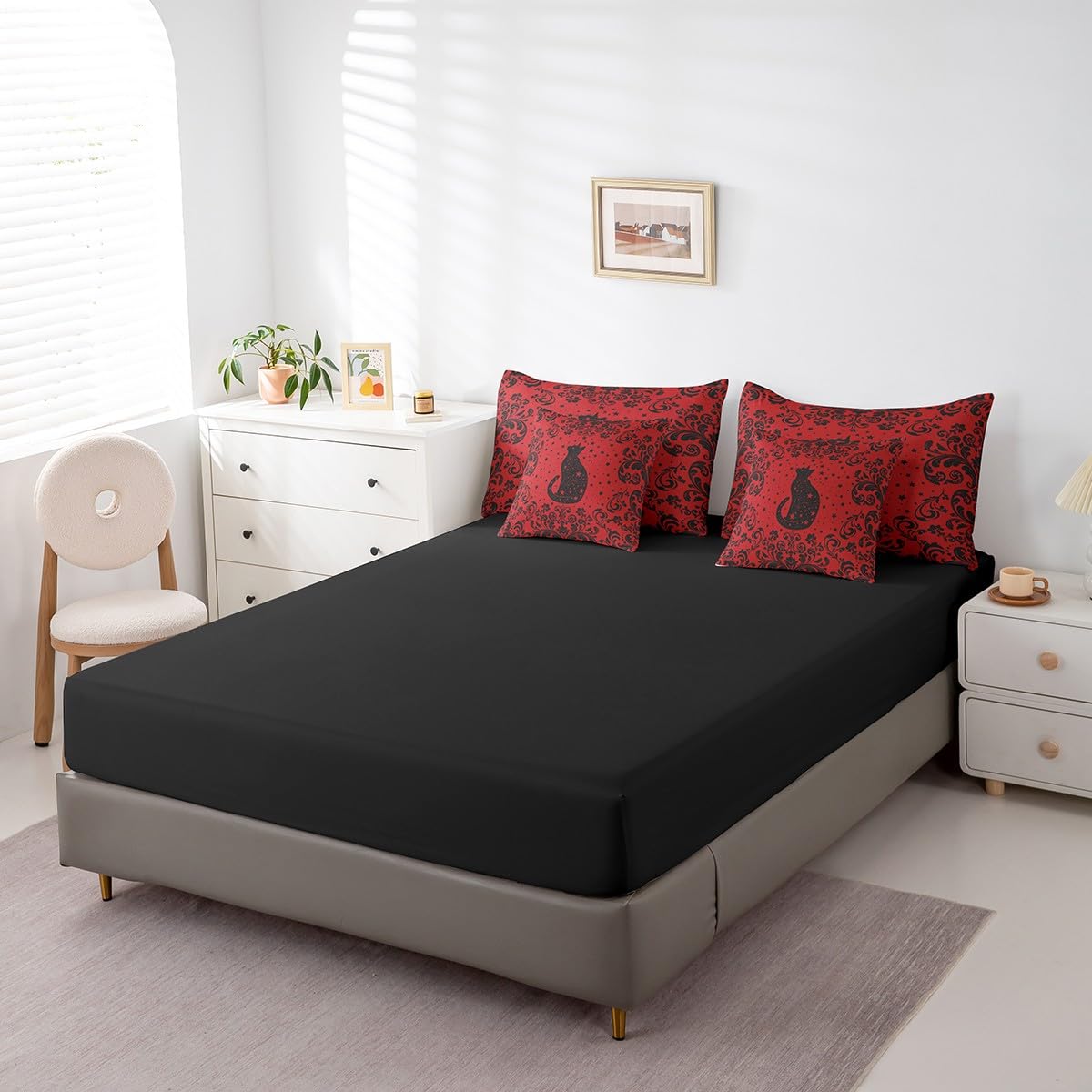 Erosebridal Boho Black Cat Queen Comforter Set 7 Piece for Kids Boys,Black Red Halloween Gothic Bedding Set with Sheet Set Teen Men Exotic Damask Floral Animal Goth Bed in A Bag Stars Cat Bed Set