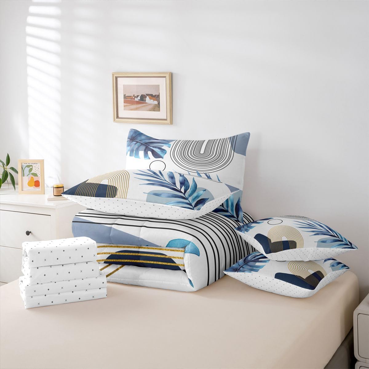 Erosebridal Blue Gold Boho Mid Century Full 7 Pcs Bedding Set, Abstract Minimalist Comforter Set with Sheets, Modern Geometric Simple Arch Bed in A Bag, Tropical Plant Palm Leaf Aesthetic Bed Sets