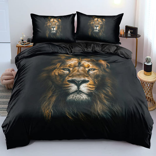 Holiyjog 3D Lion's Head Duvet Cover Set California King Size Pillow Sham Wild Animal Lion Comforter Covers Black Color Bed Set Boys Bedroom Decorations
