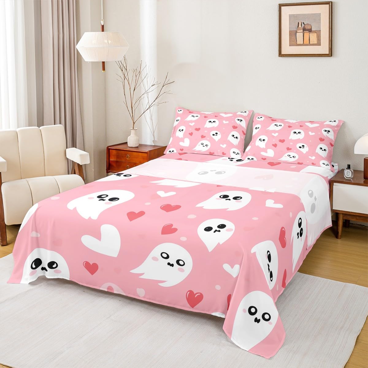 jejeloiu Cute Ghost Bed Sheets Set Full Size Kids Happy Halloween Pink Fitted Sheet for Boys Girls Kawaii Bedding Set Soft Microfiber Room Decor（with 2 Pillow Cases）