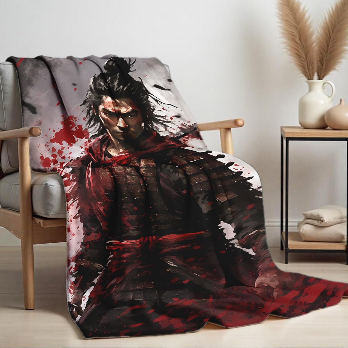 HUNXIAOJ Samurai Blanket and Throw Japanese Print Blanket Black and Red Armored Warrior Bushido Decor Flannel Japanese Theme Gifts for Boys Men Kids Adults (59"x78")