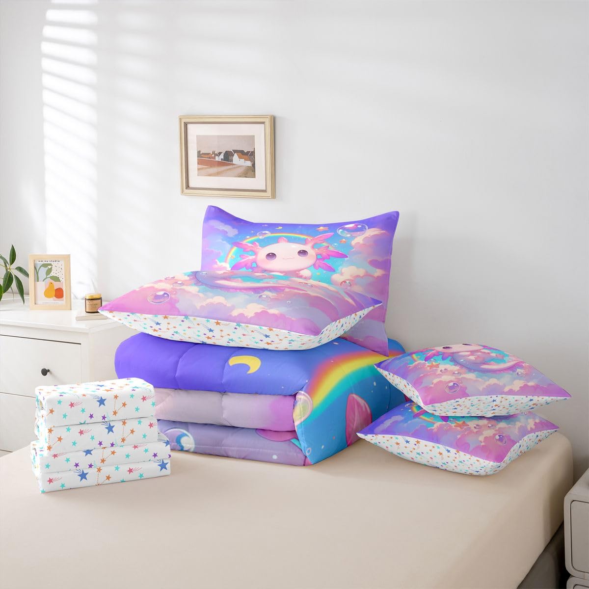 Erosebridal Kids Pink Axolotl Twin Size Bedding Set Princess Cute Axolotl 7 Pieces Comforter Set with Sheets for Girls Teens Dreamy Stars Rainbow Bed in a Bag Bubble Blue Sky Cloud Bed Sets