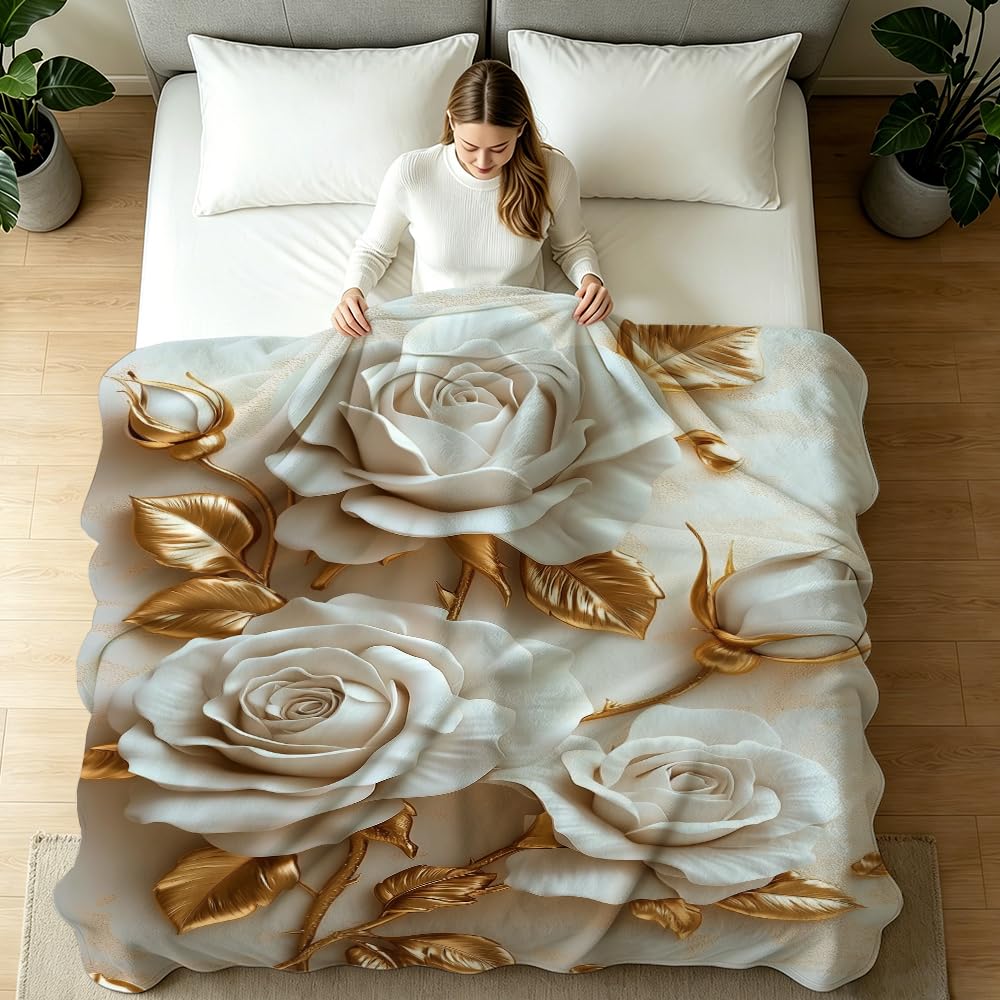 HUNXIAOJ Flower Print Blanket White and Gold Throw Blanket White Floral Print Flower Bedding Warm Soft Flannel for Adults Bed Sofa Couch (49in x 59in)