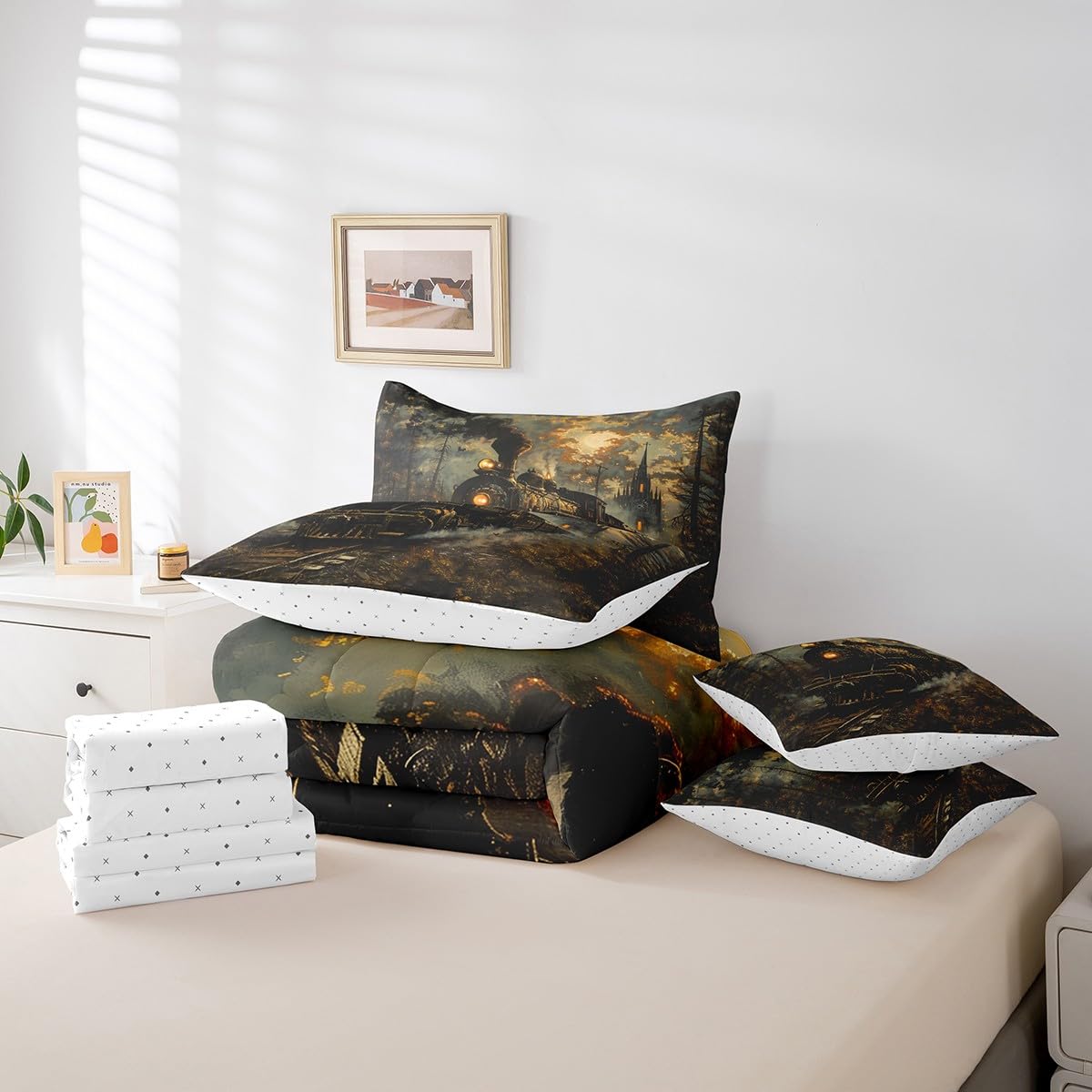 7 Pieces Twin Size Train Comforter Set,Retro Choochoo Steam Locomotive Train Bedding Set for Boys Girls,Gothic Bell Tower Castle (Comforter+Fitted+Flat Sheet+2 Pillowcases+2 Throw Pillow Covers)